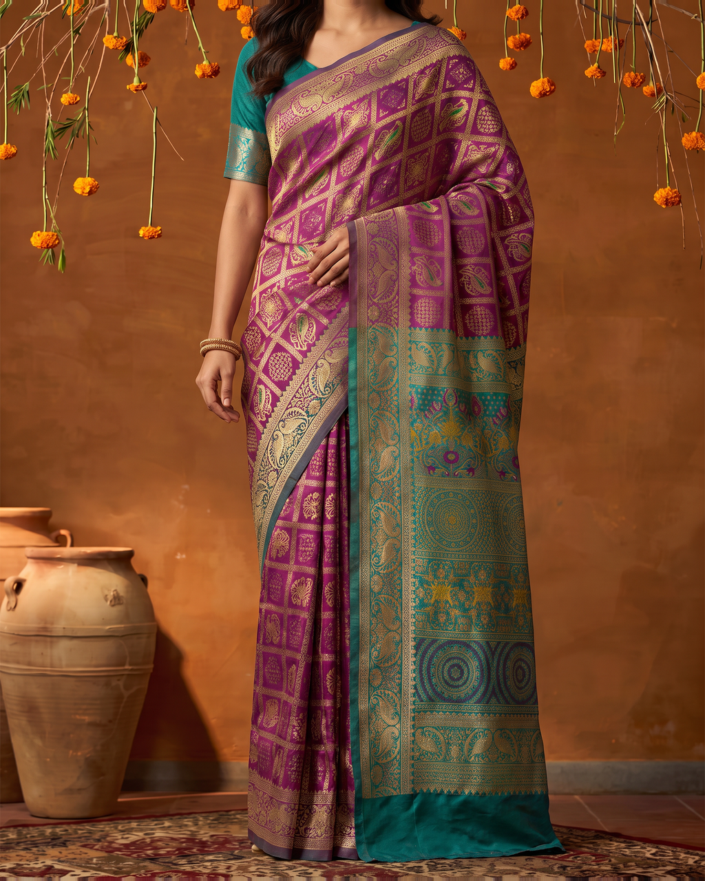 Fuchsia Green Silk Saree with Traditional Zari Pallu - lower closeup