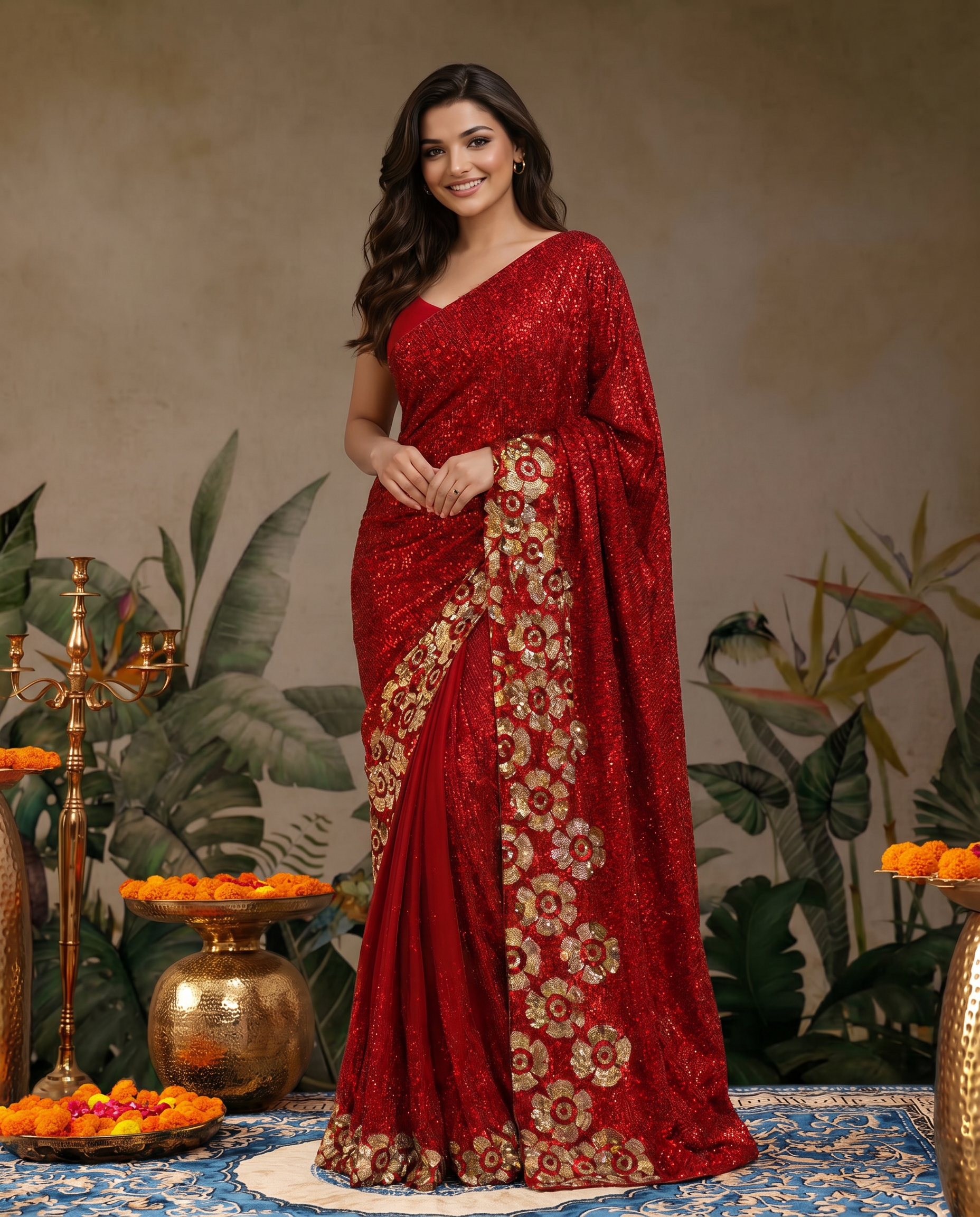 Glamorous Black Sequin Saree with Floral Embellished Border - output 0 - 02 hero