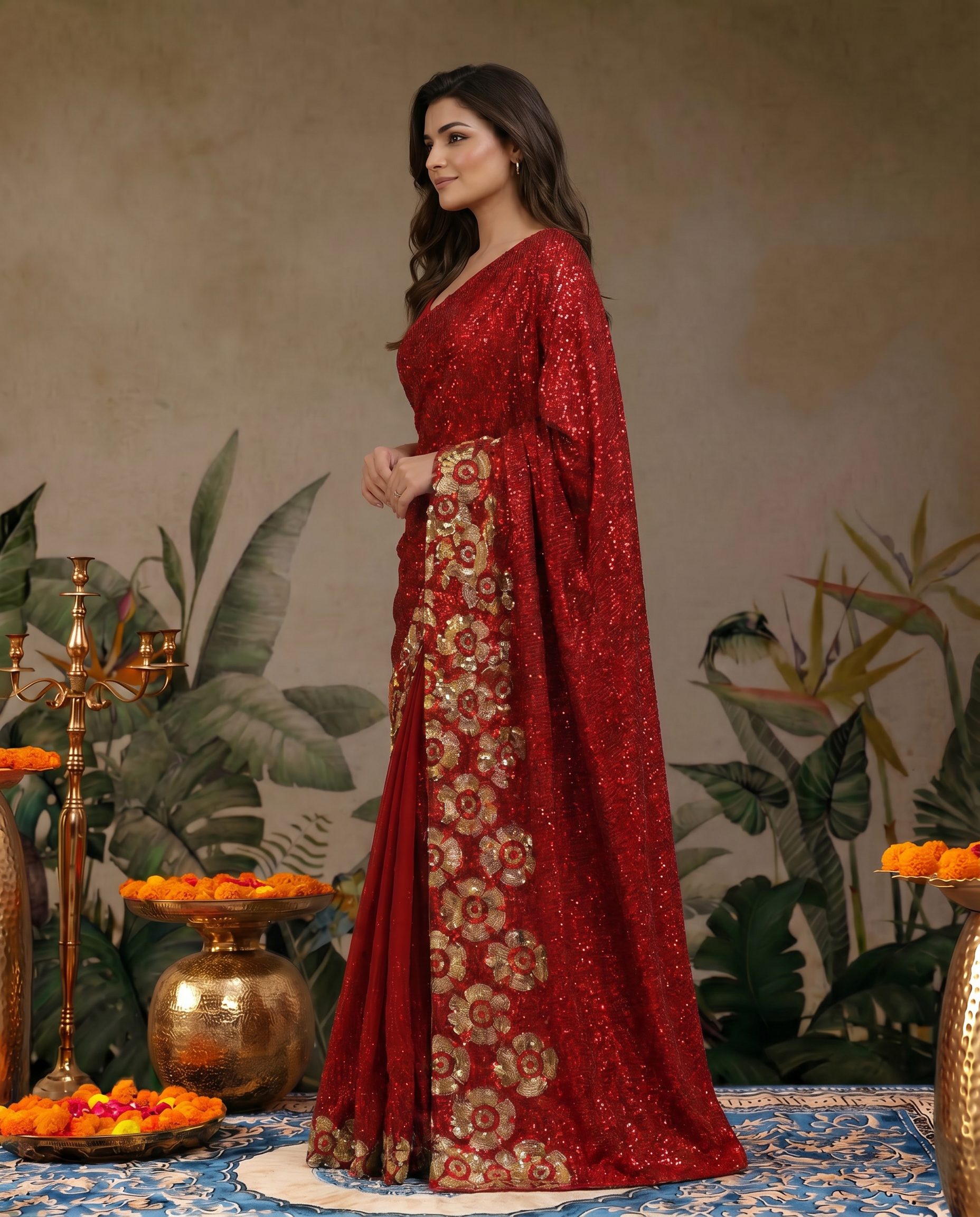 Glamorous Black Sequin Saree with Floral Embellished Border - output 0 - 03 side