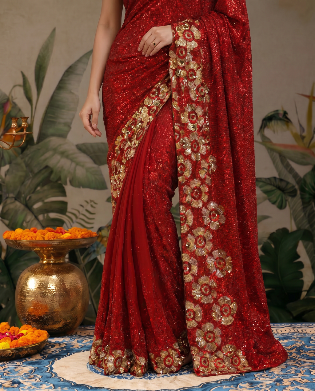 Glamorous Black Sequin Saree with Floral Embellished Border - output 0 - 05 lower closeup