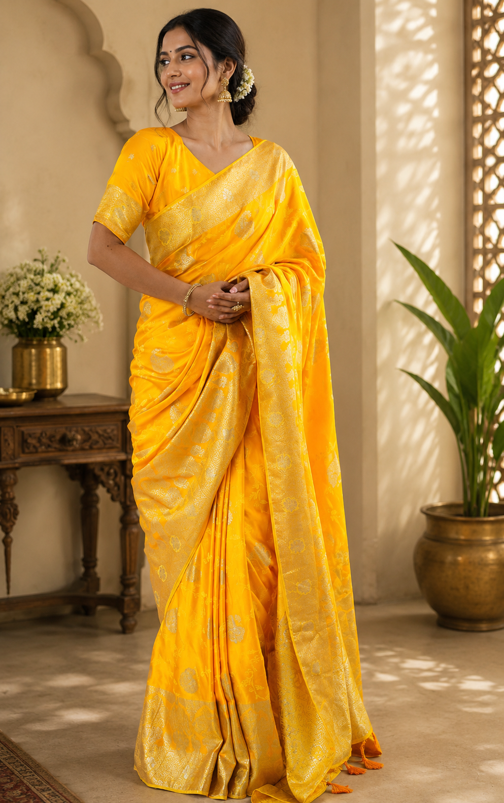 Golden Yellow Pure Silk Jari Weave Party Wear Saree - full saree hero