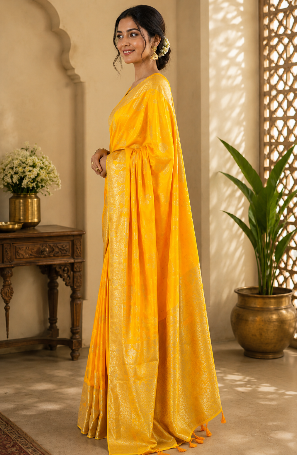 Golden Yellow Pure Silk Jari Weave Party Wear Saree - image 2