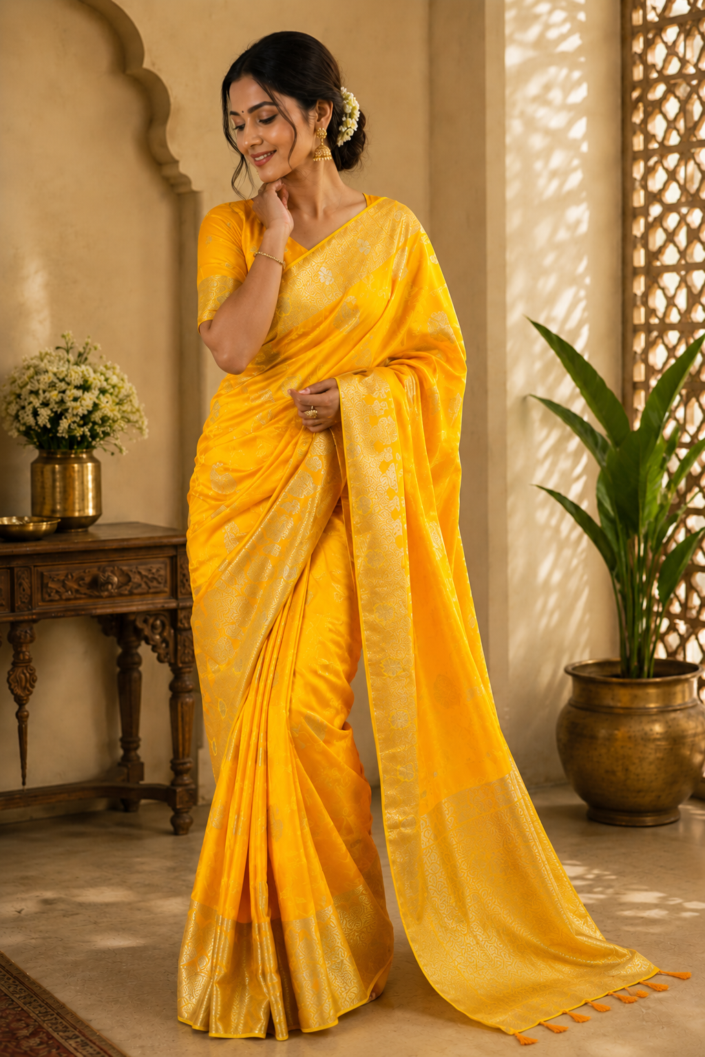 Golden Yellow Pure Silk Jari Weave Party Wear Saree - blouse detail