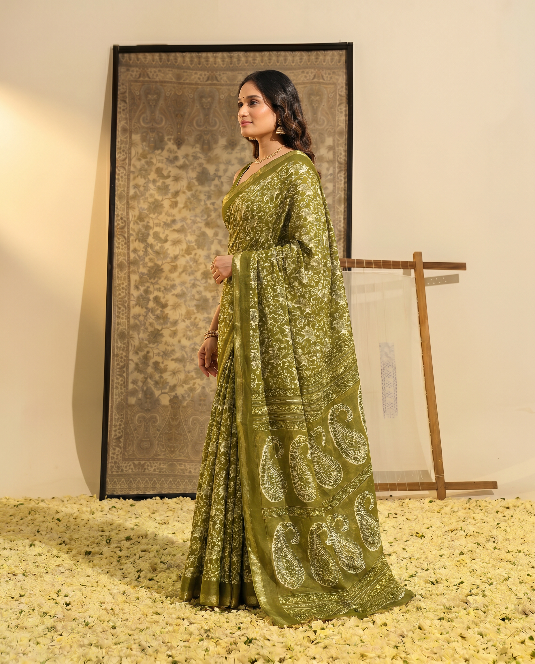 Graceful Green Printed Pure Cotton Saree with Ethnic Motifs - output 0 - 03 side
