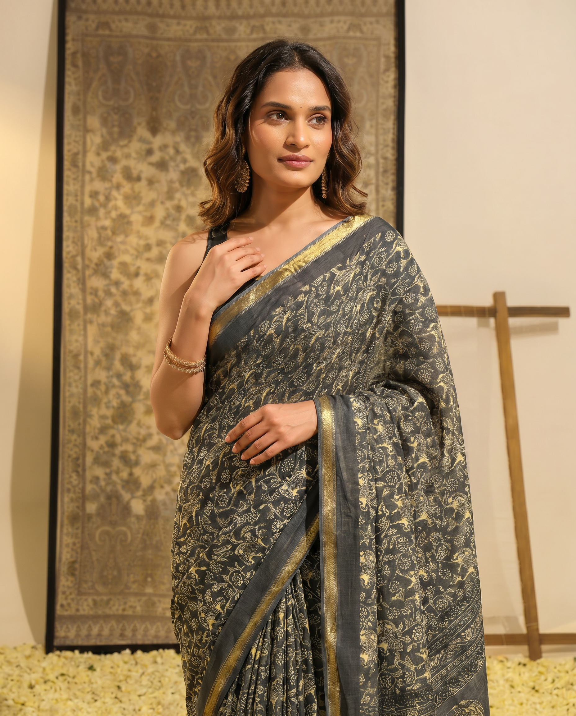 Graceful Green Printed Pure Cotton Saree with Ethnic Motifs - output 1 - 04 upper closeup