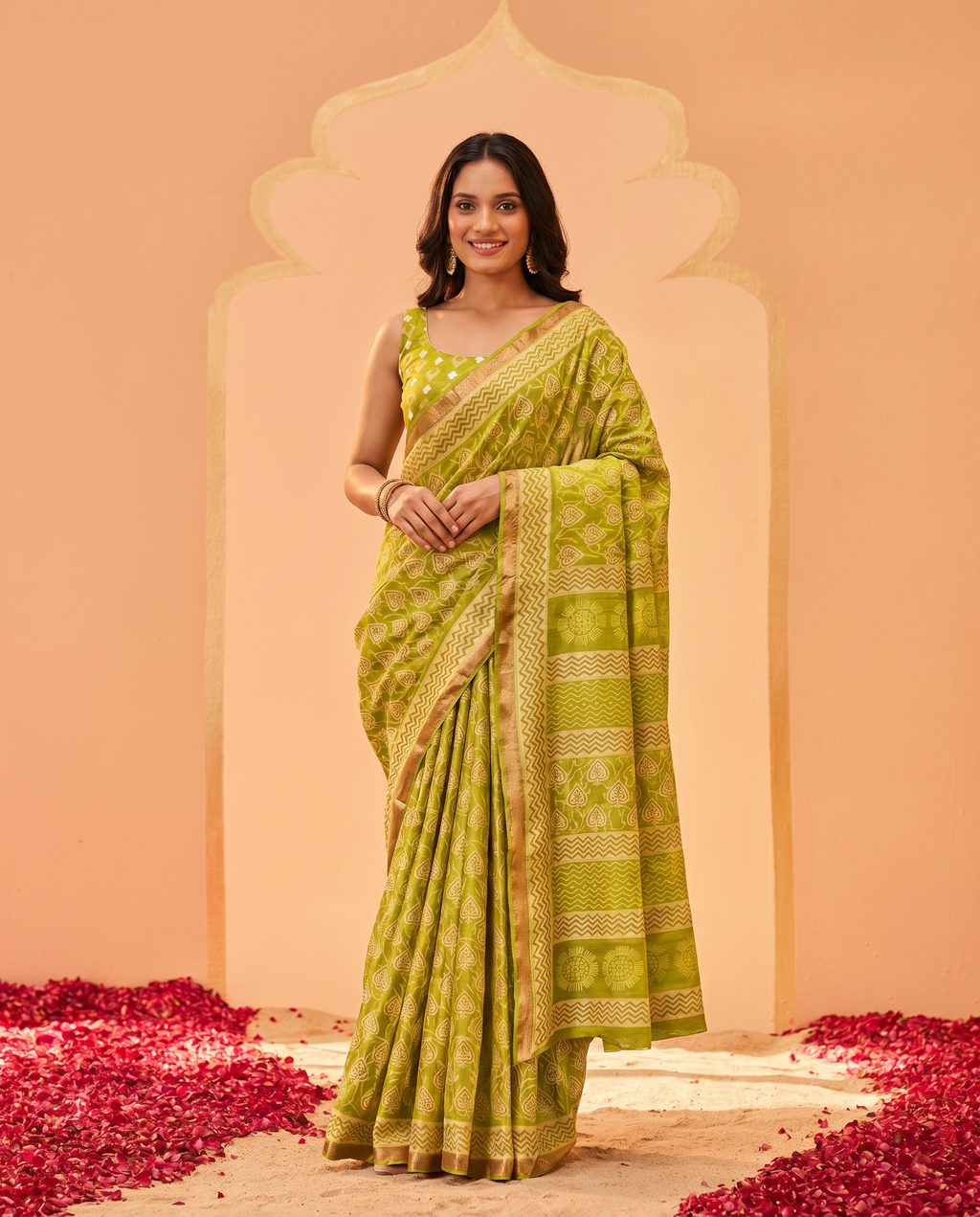 Graceful Olive Green Printed Pure Cotton Saree with Subtle Zari Border - output 0 - 02 hero