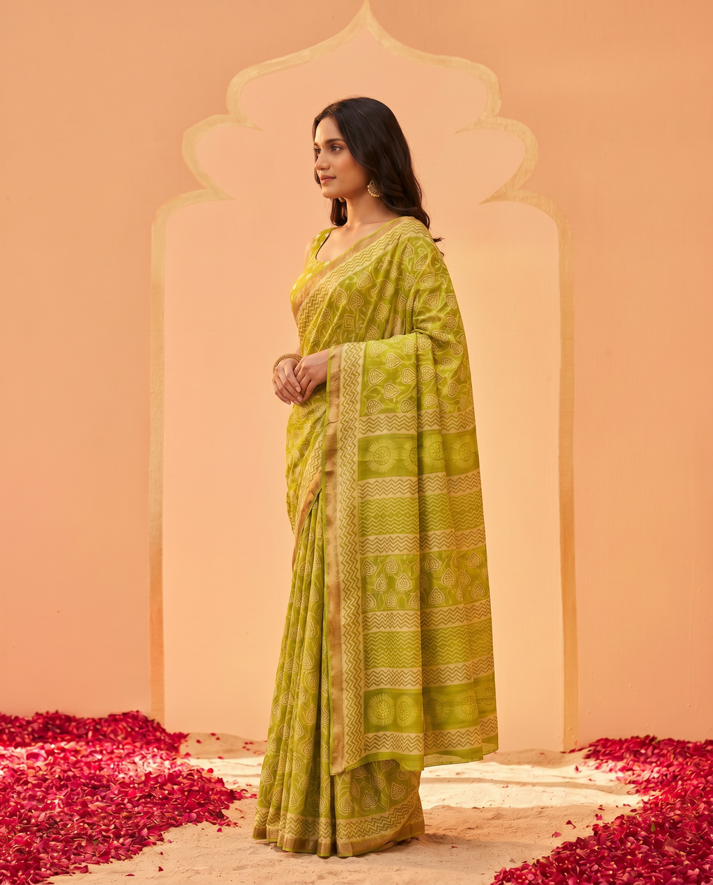 Graceful Olive Green Printed Pure Cotton Saree with Subtle Zari Border - output 0 - 03 side
