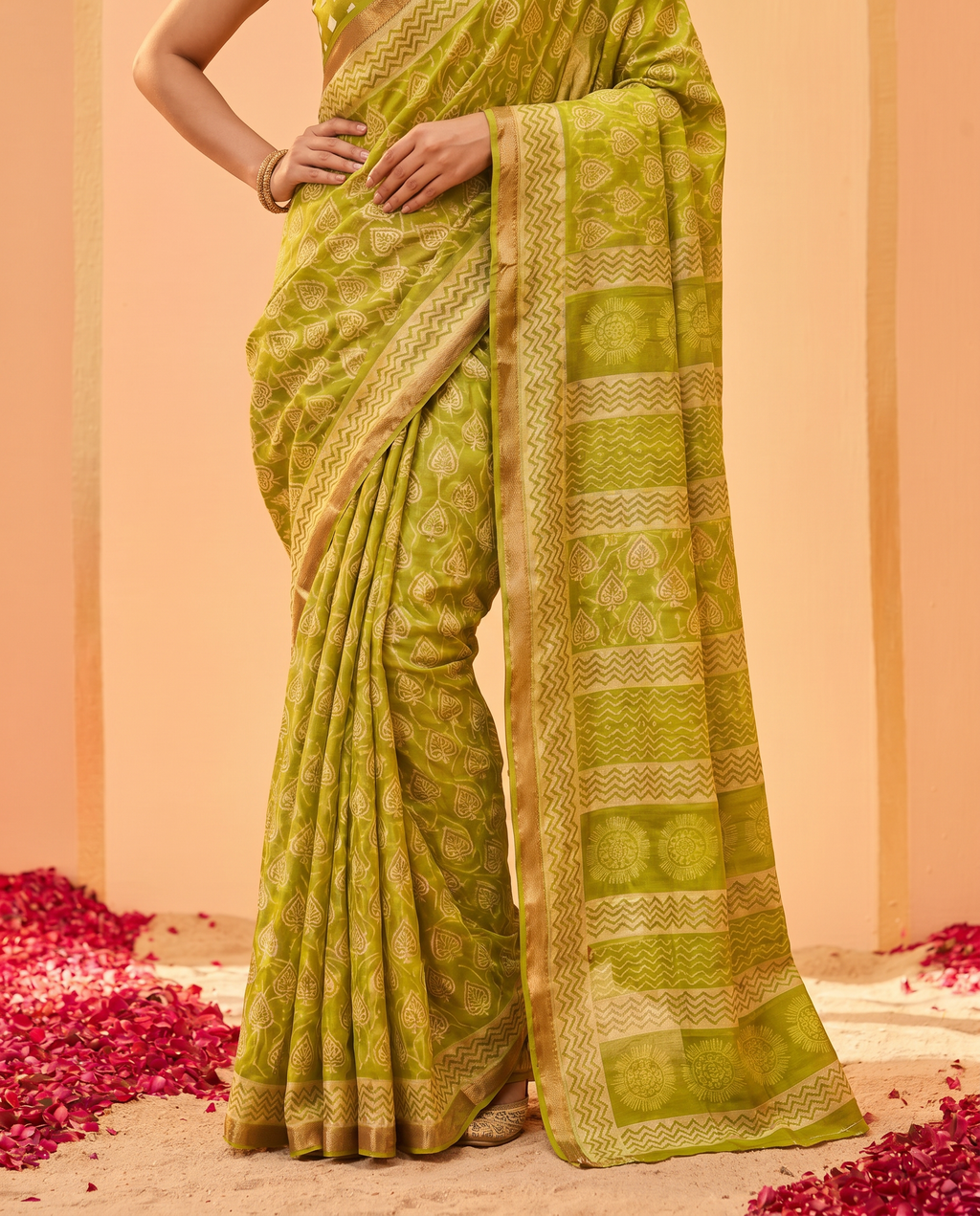 Graceful Olive Green Printed Pure Cotton Saree with Subtle Zari Border - output 0 - 05 lower closeup