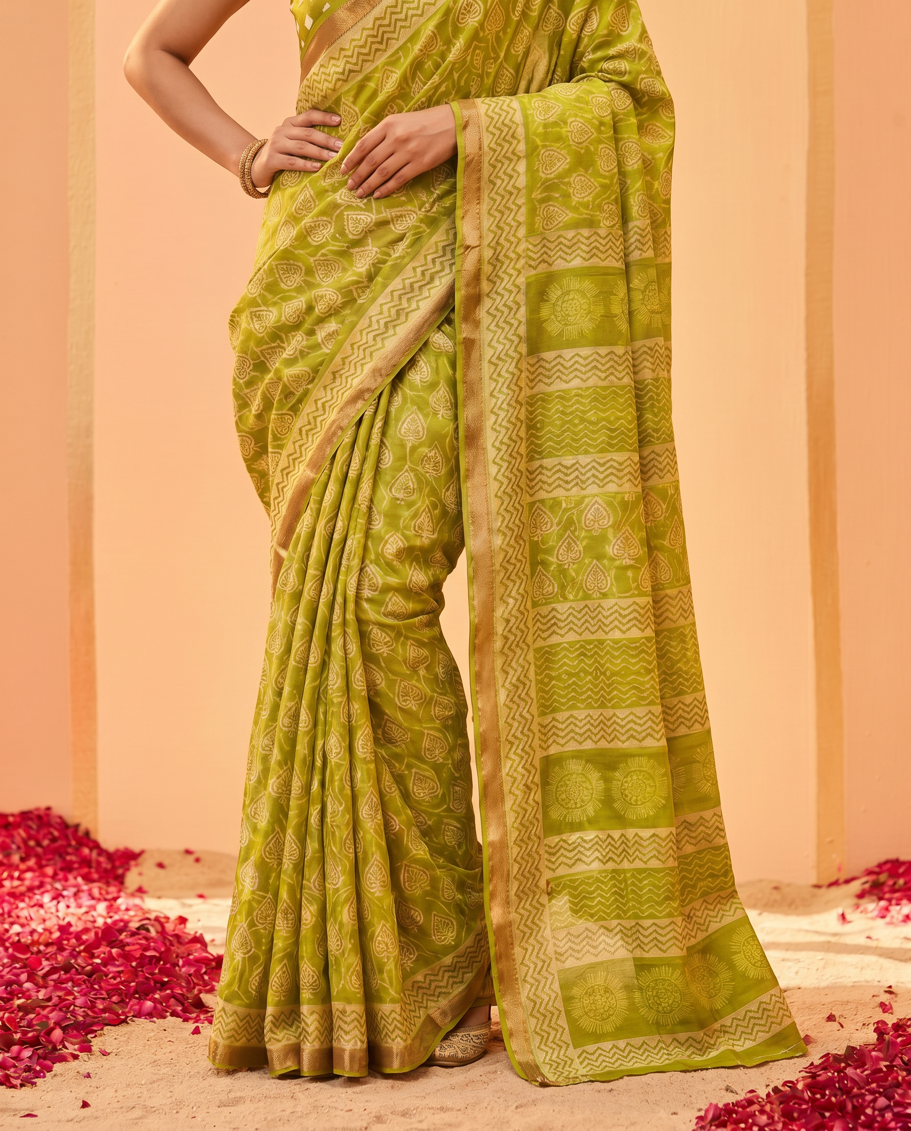 Graceful Olive Green Printed Pure Cotton Saree with Subtle Zari Border - output 0 - 05 lower closeup
