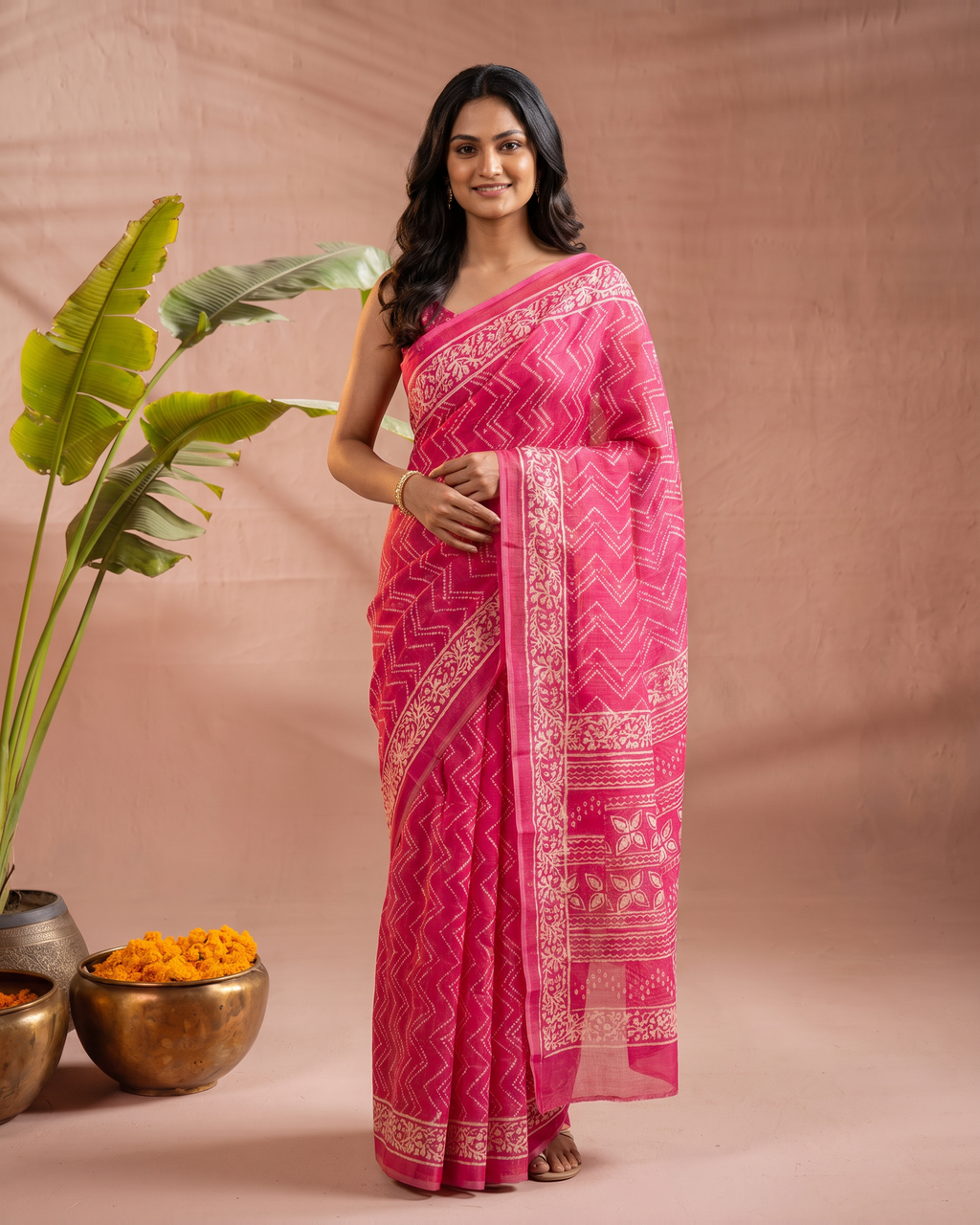 Graceful Pure Cotton Pink Printed Saree with White Ethnic Patterns - Pink - hero