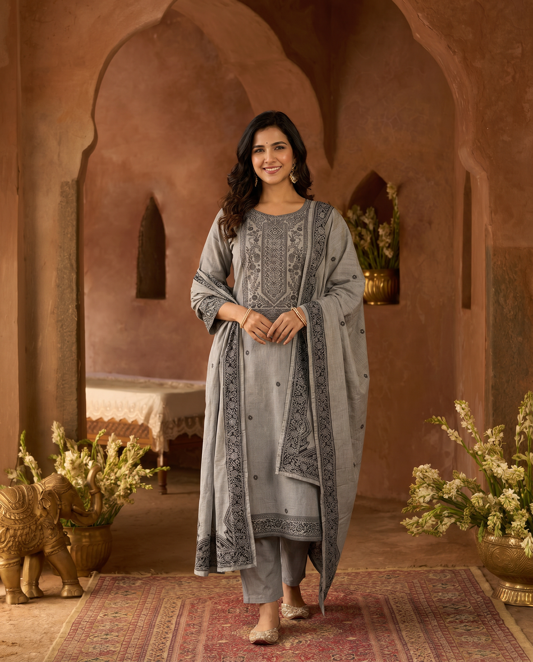 Grey Embroidered Salwar Suit Set with Black Border - front