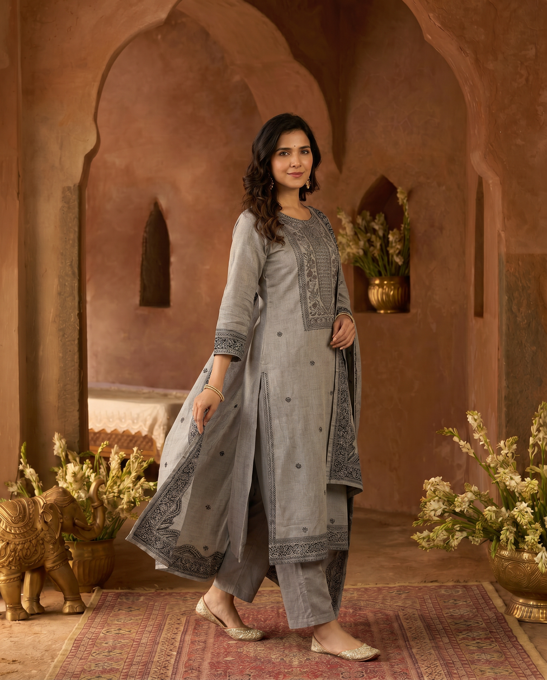 Grey Embroidered Salwar Suit Set with Black Border - side