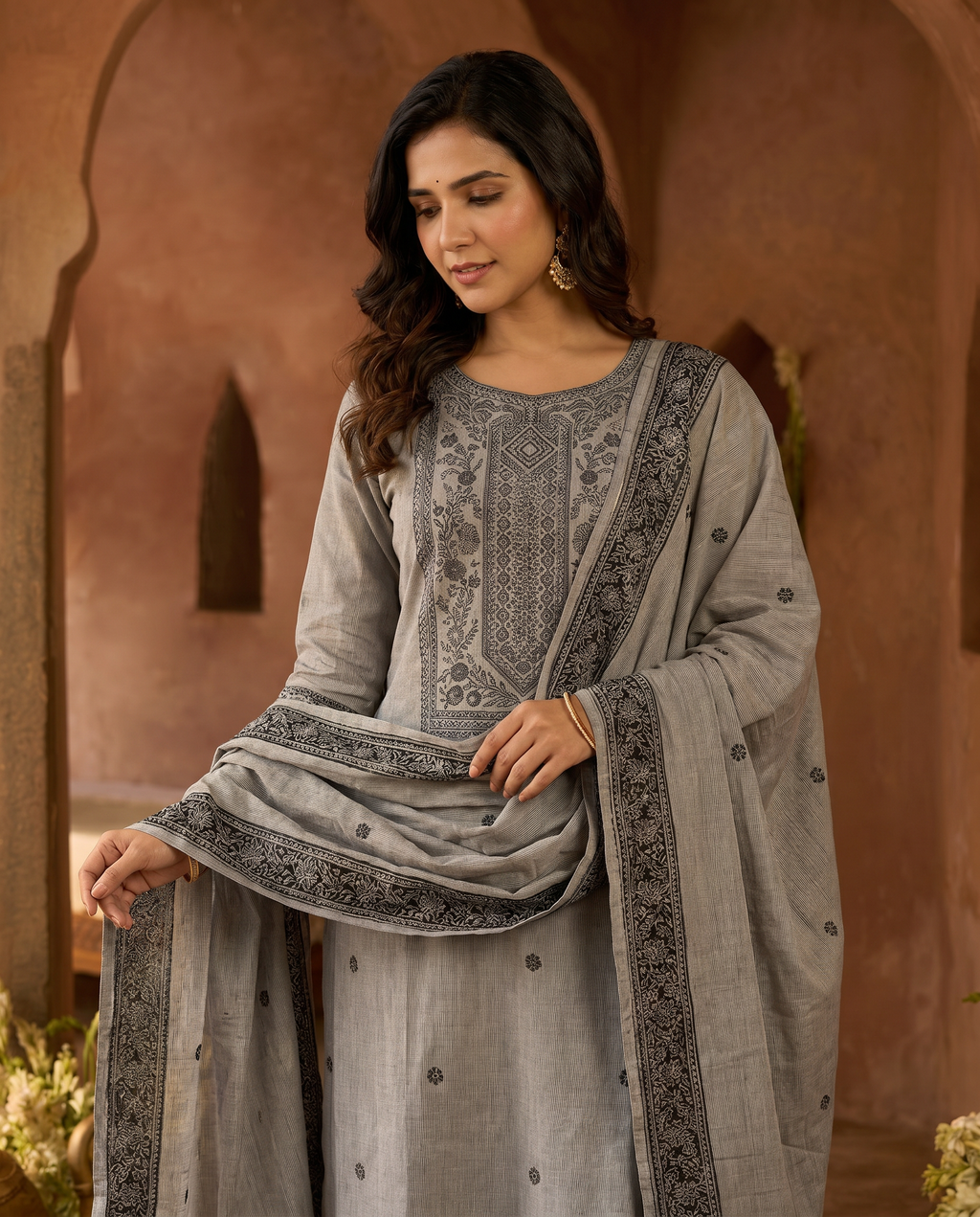 Grey Embroidered Salwar Suit Set with Black Border - closeup