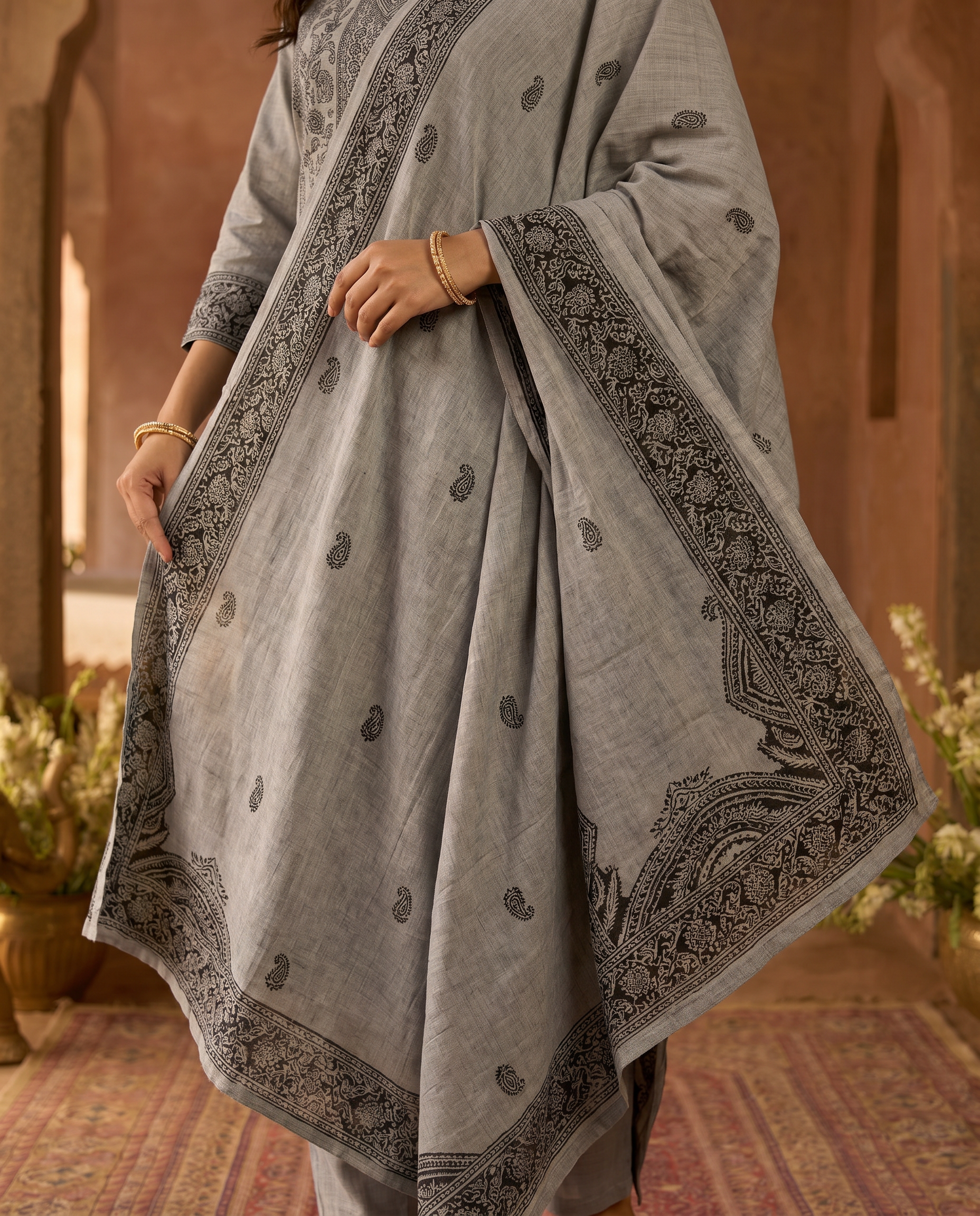 Grey Embroidered Salwar Suit Set with Black Border - dupatta