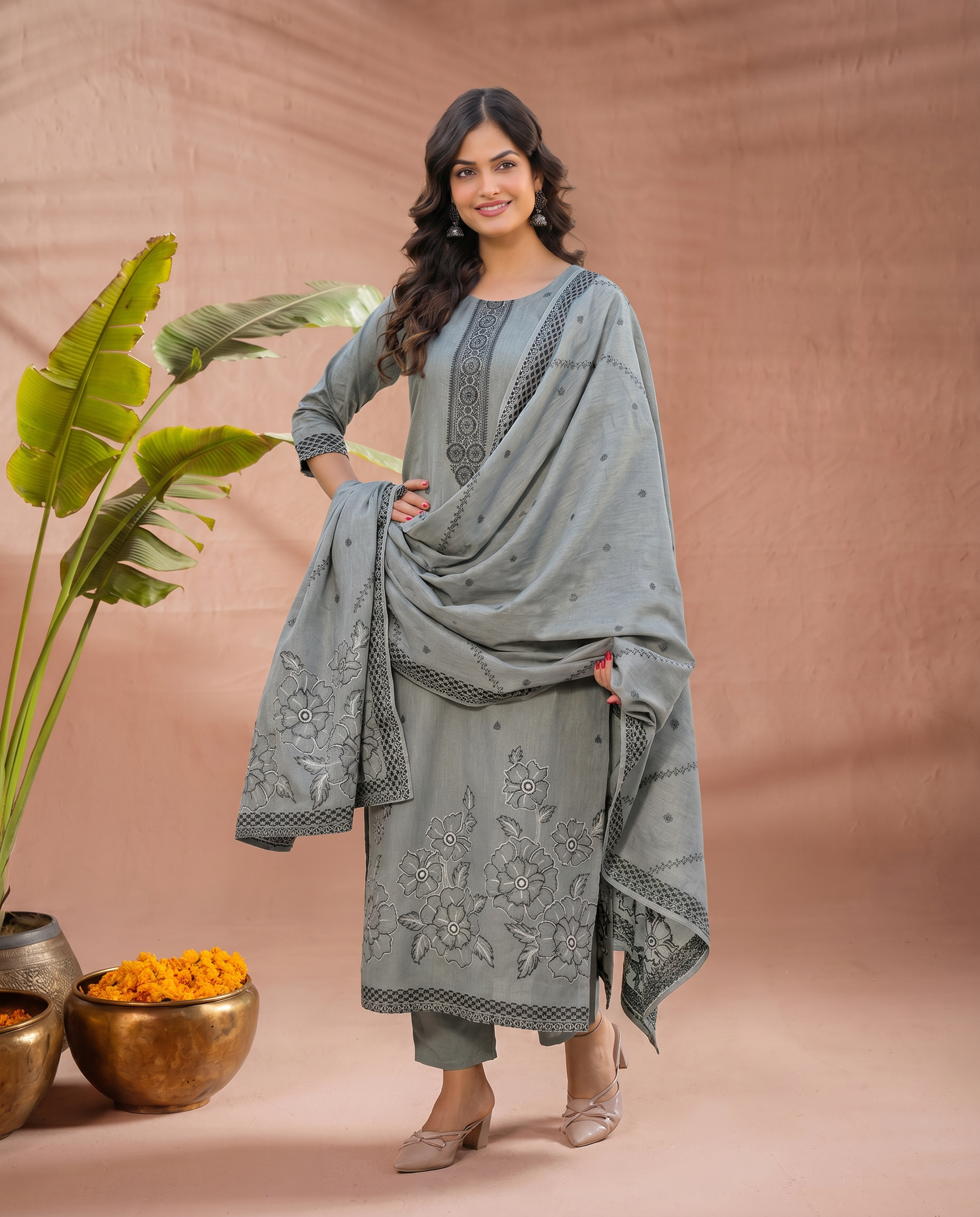 Grey Embroidered Salwar Suit Set with Black & Dark Grey Detail - front