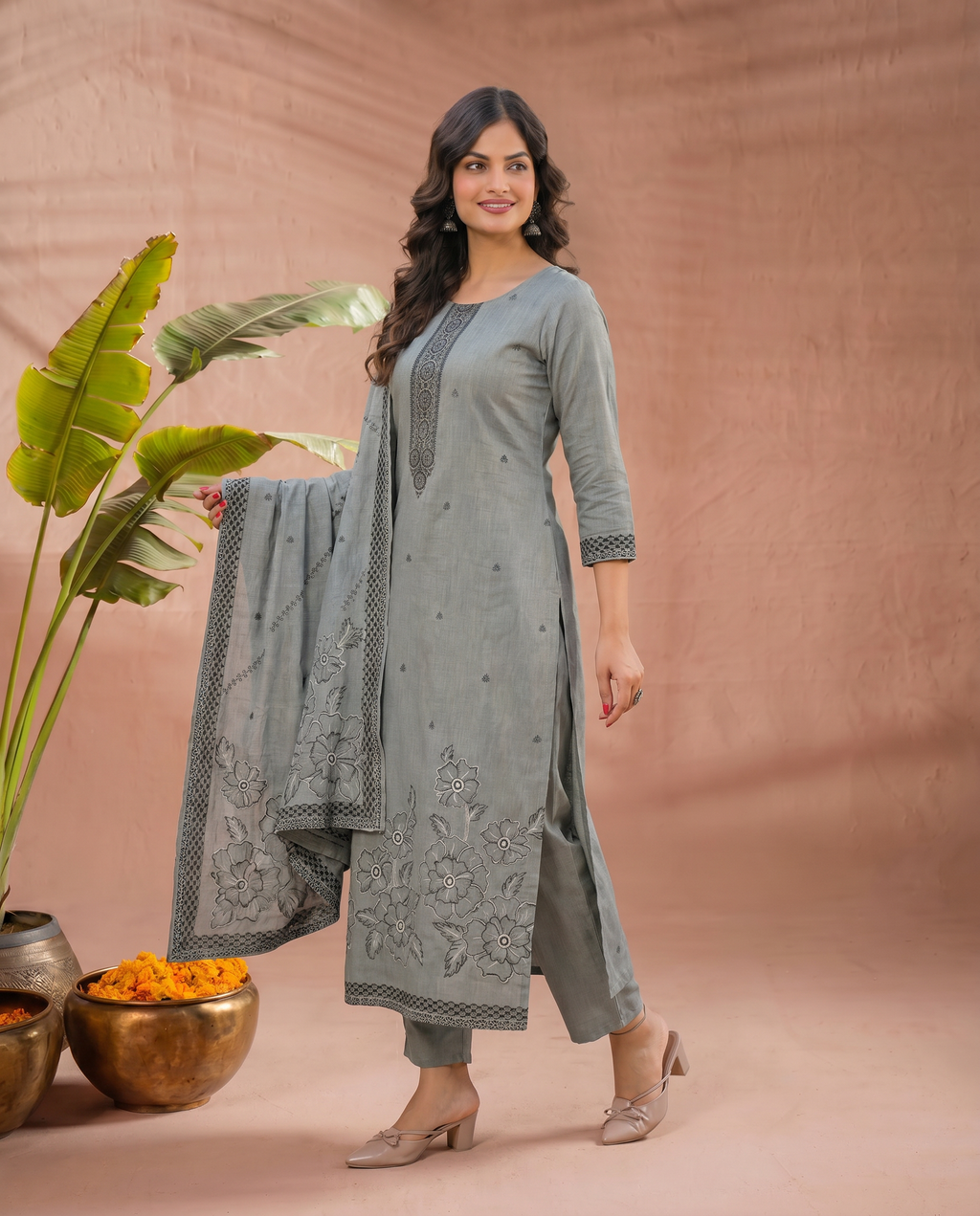 Grey Embroidered Salwar Suit Set with Black & Dark Grey Detail - side