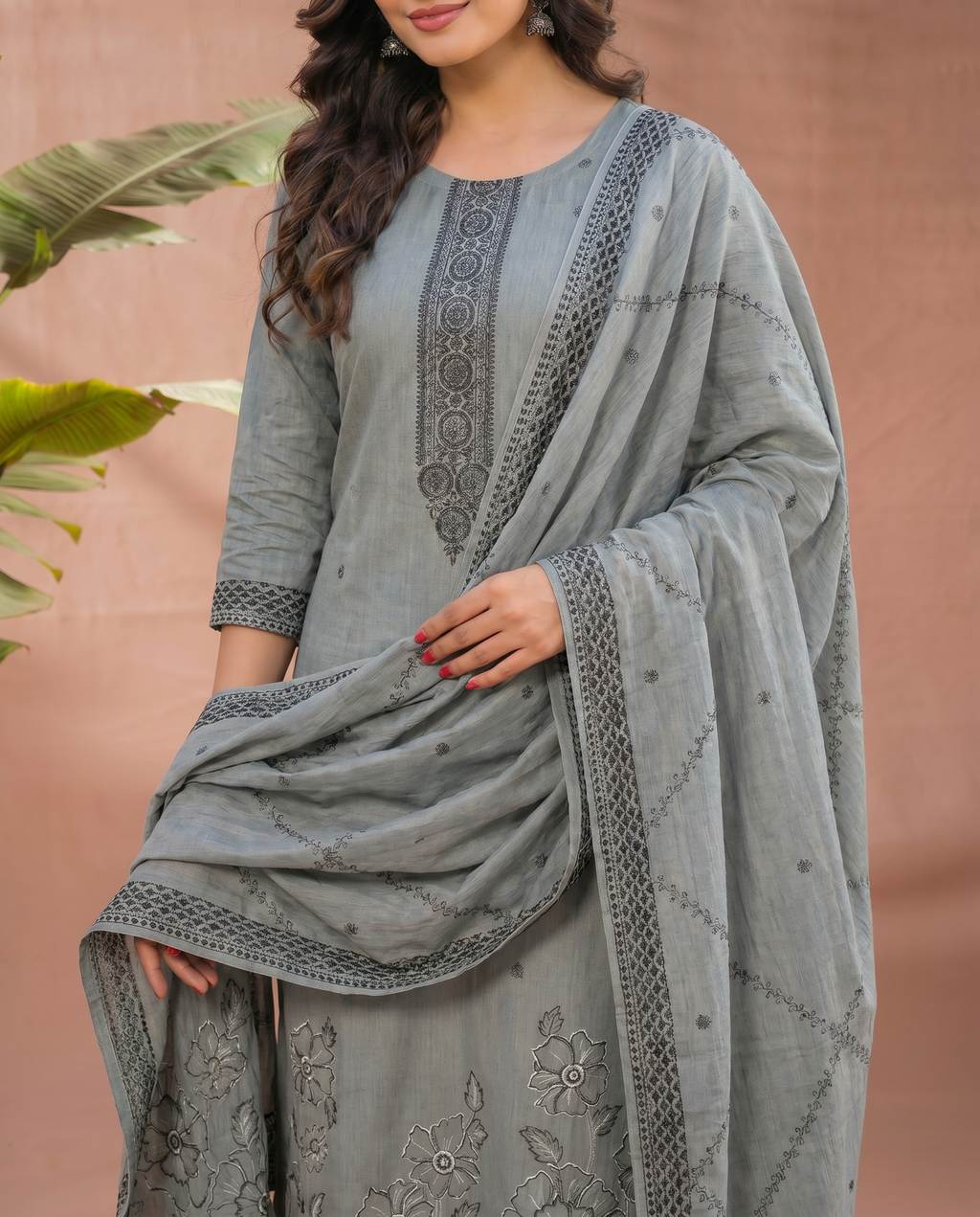 Grey Embroidered Salwar Suit Set with Black & Dark Grey Detail - closeup