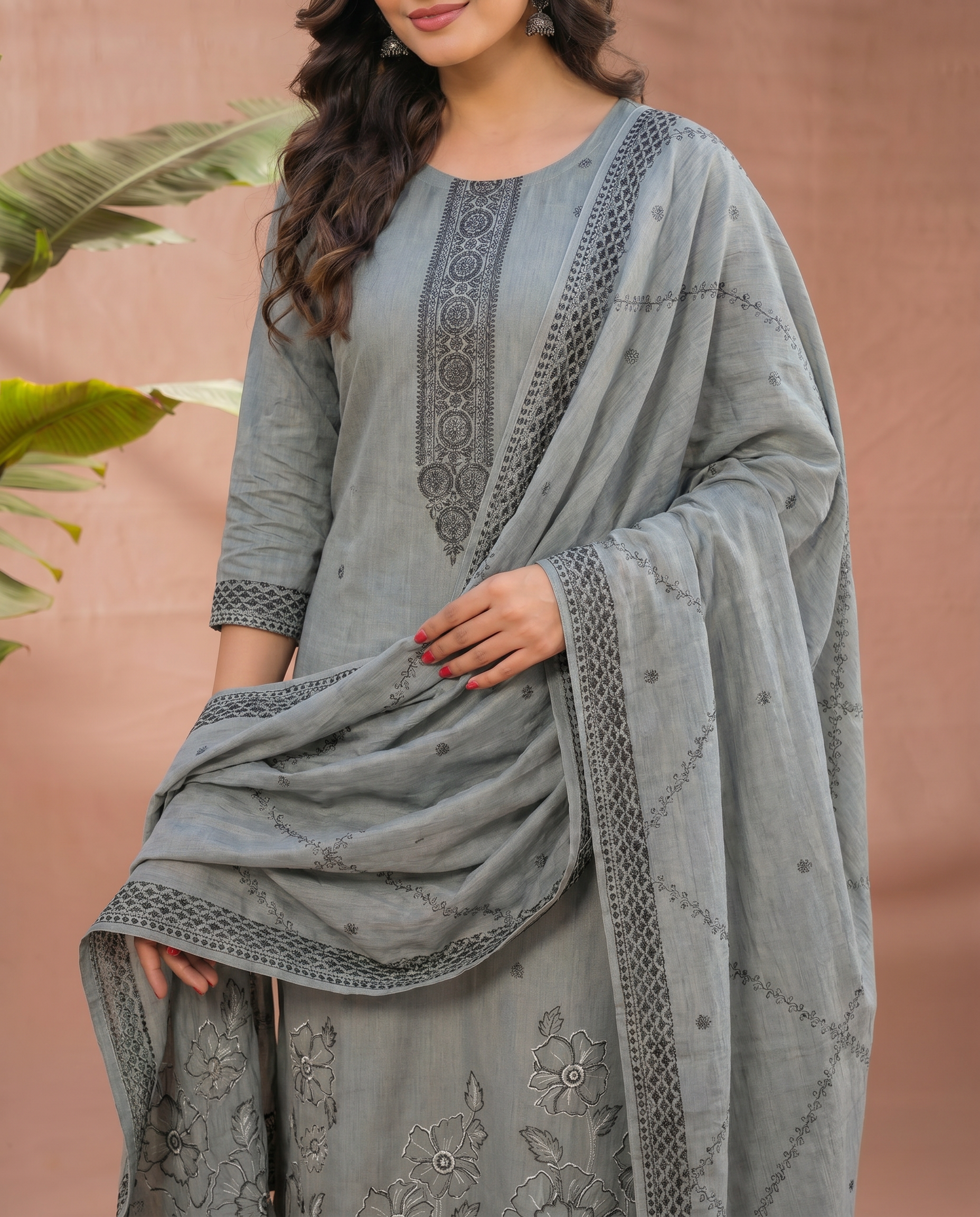 Grey Embroidered Salwar Suit Set with Black & Dark Grey Detail - closeup