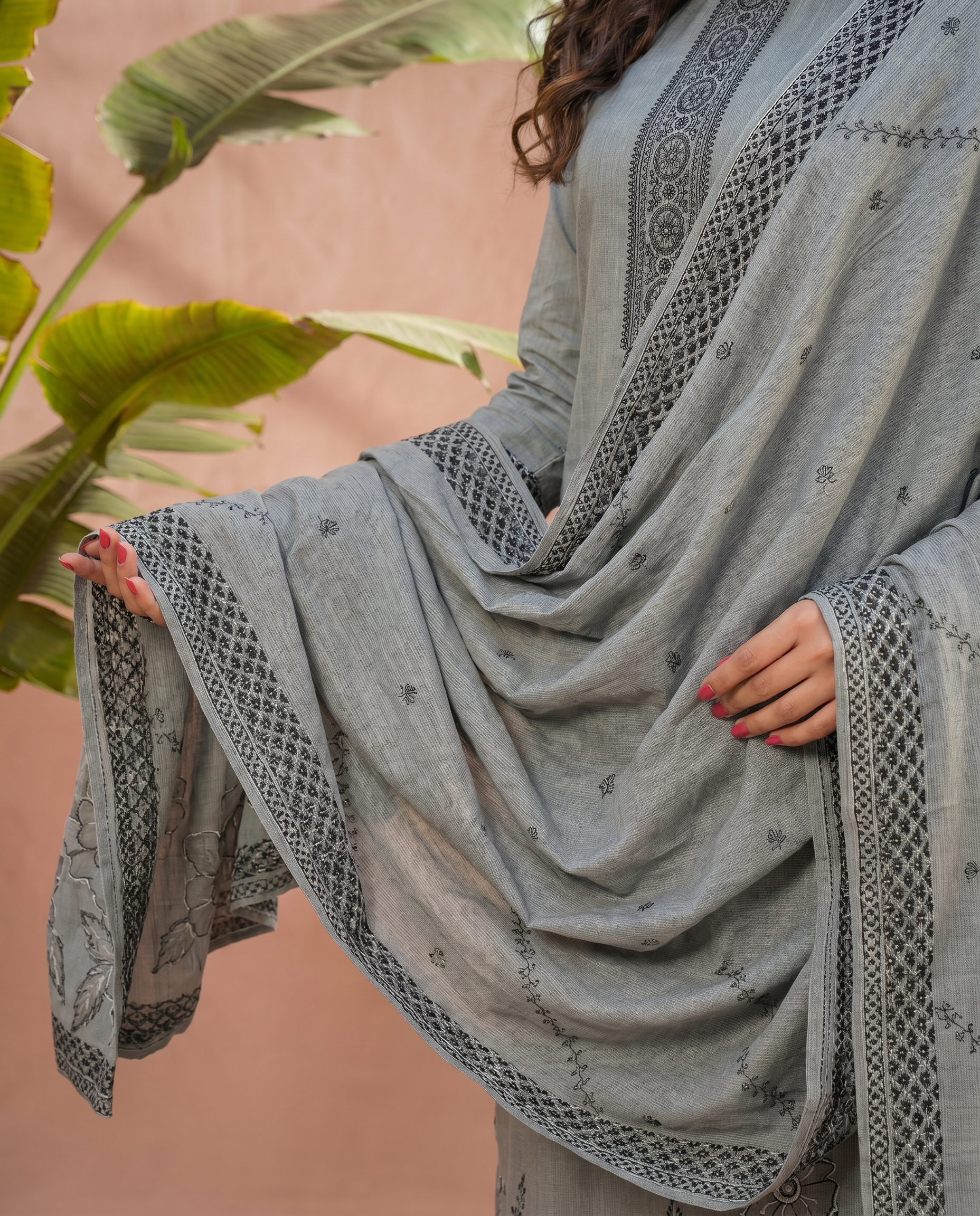 Grey Embroidered Salwar Suit Set with Black & Dark Grey Detail - dupatta