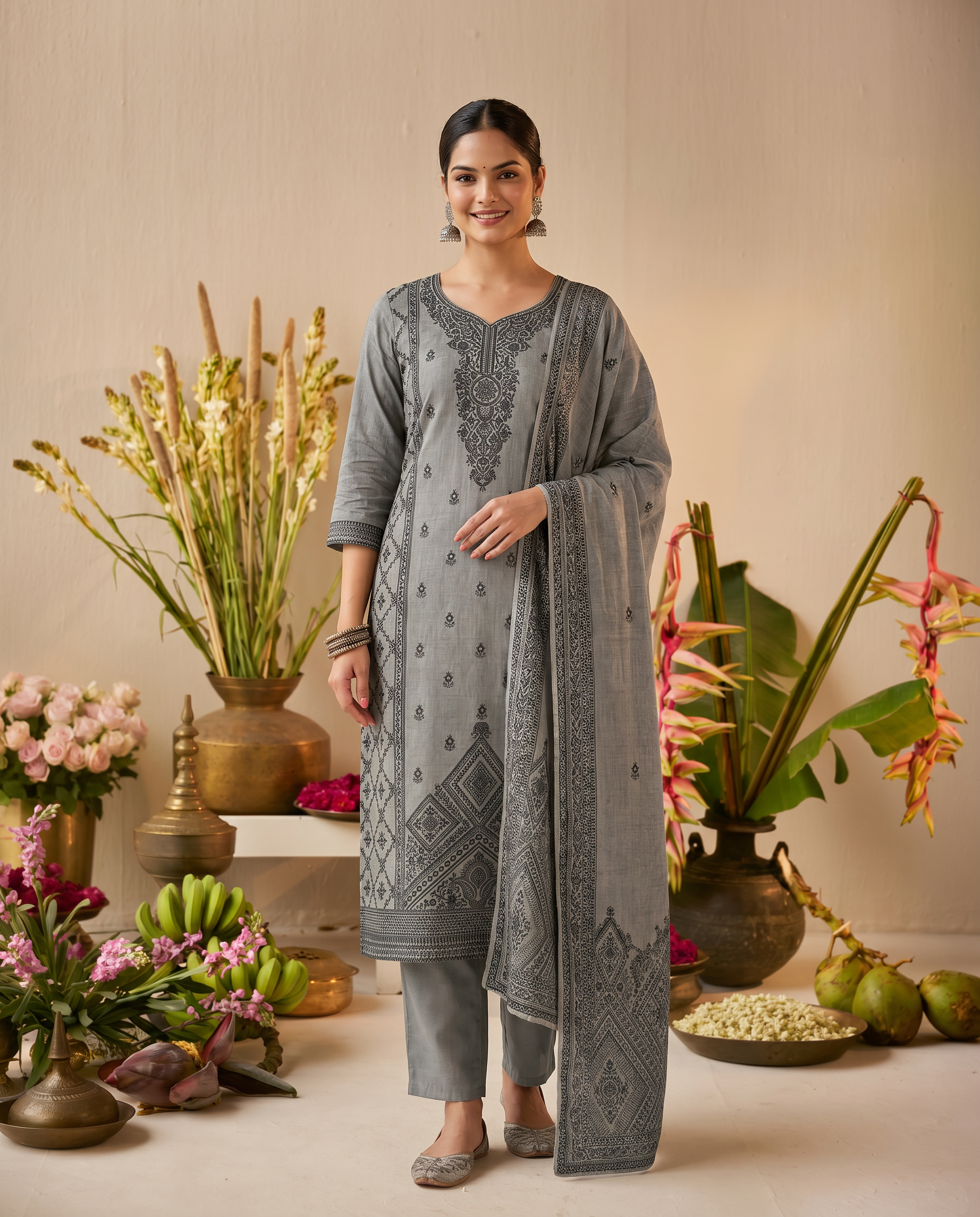 Grey Embroidered Salwar Suit Set with Black Detail - front
