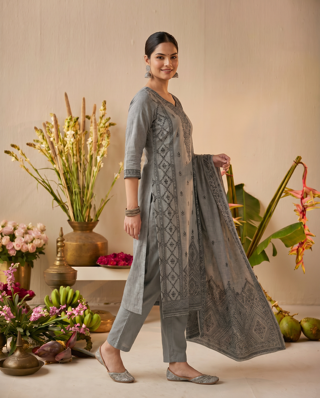 Grey Embroidered Salwar Suit Set with Black Detail - side