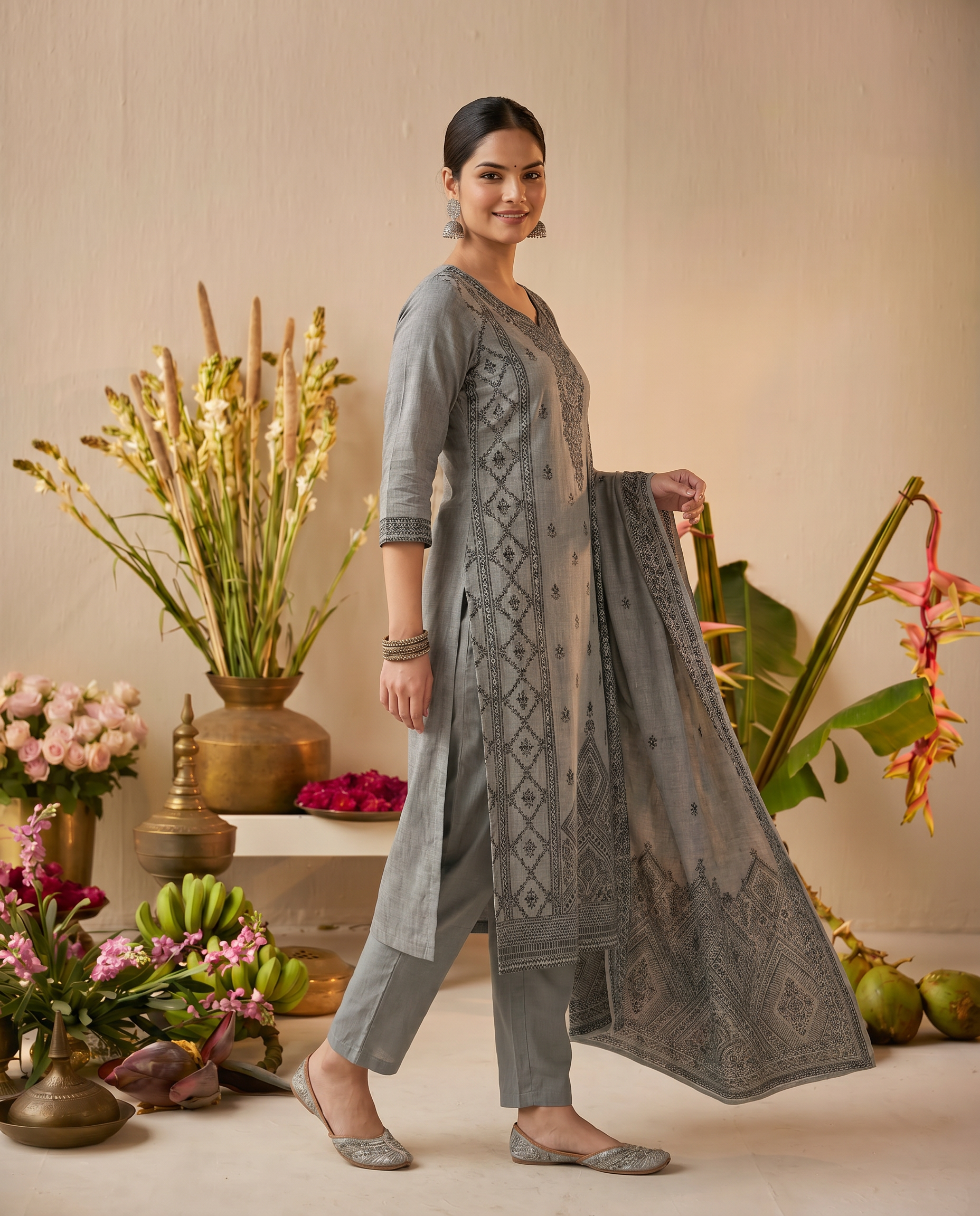 Grey Embroidered Salwar Suit Set with Black Detail - side