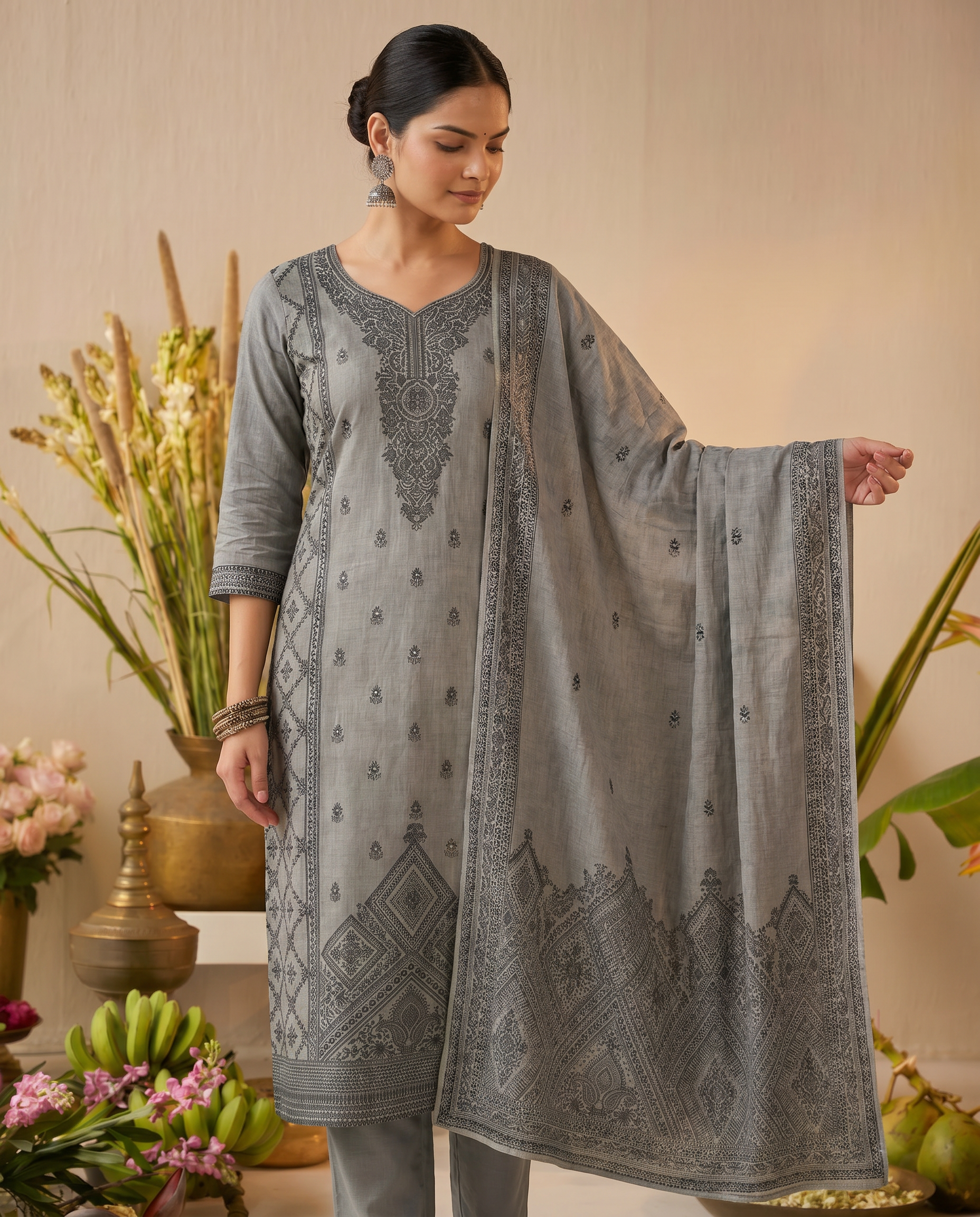 Grey Embroidered Salwar Suit Set with Black Detail - closeup