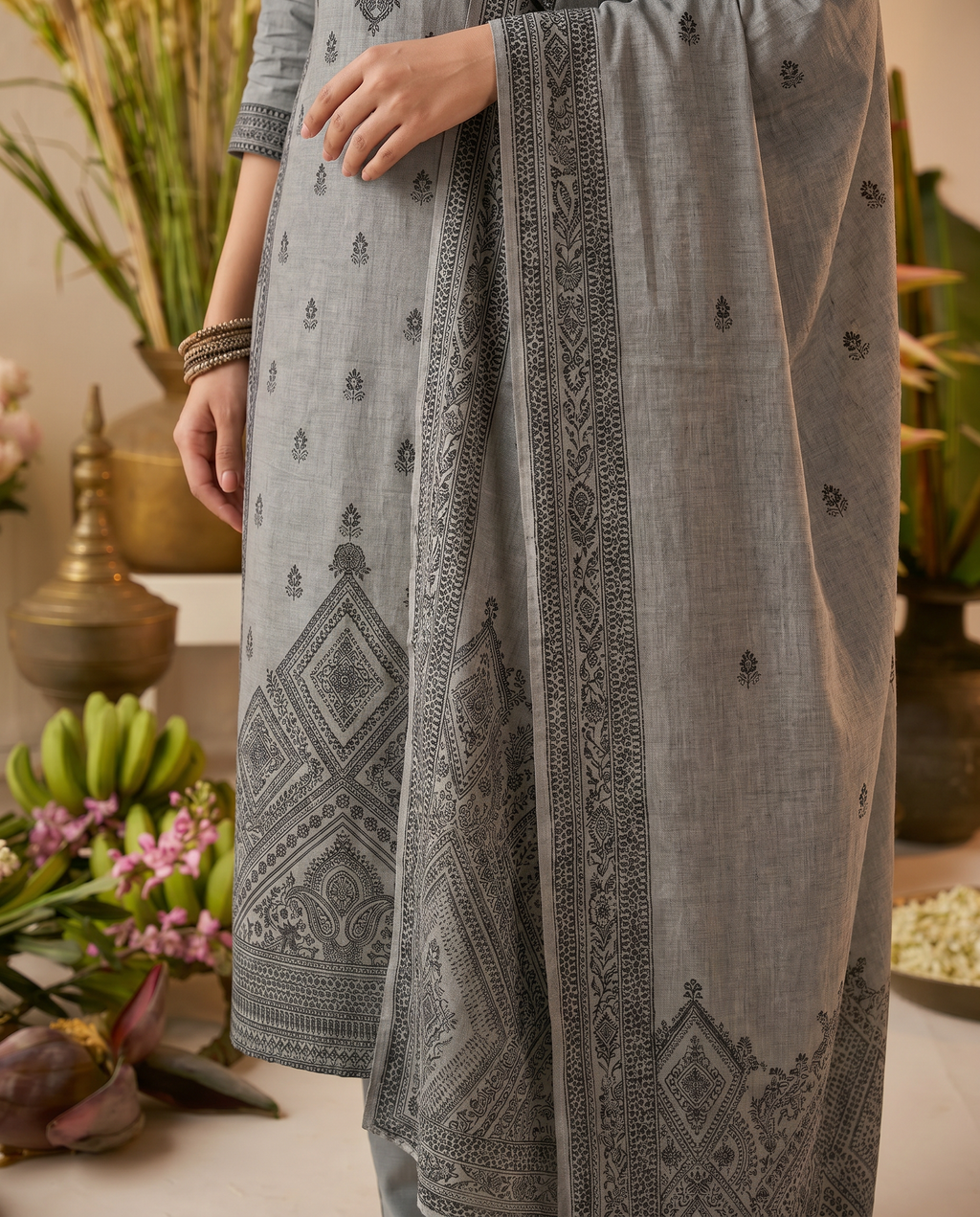 Grey Embroidered Salwar Suit Set with Black Detail - dupatta