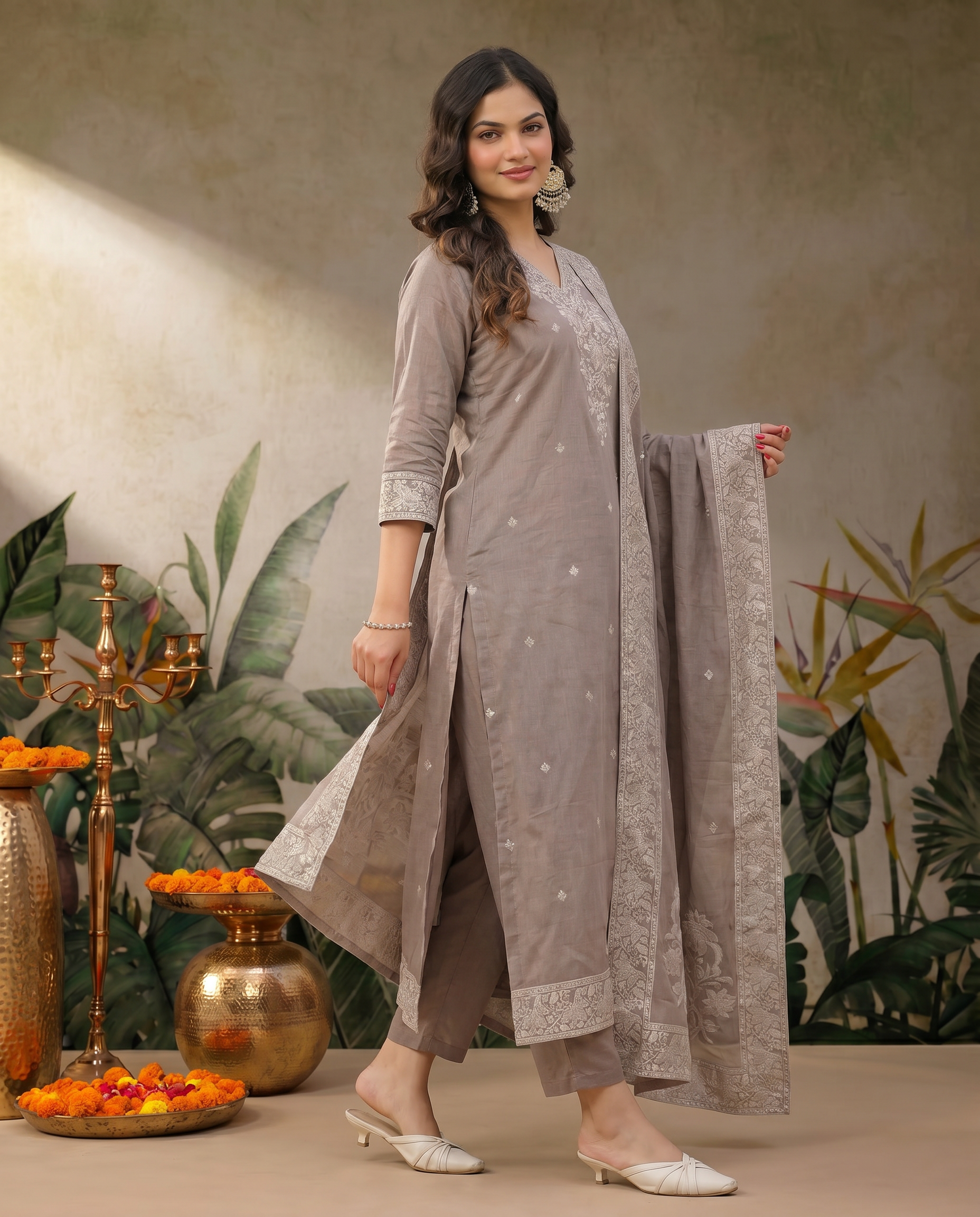 Grey Embroidered Salwar Suit Set with Off White Detail - side