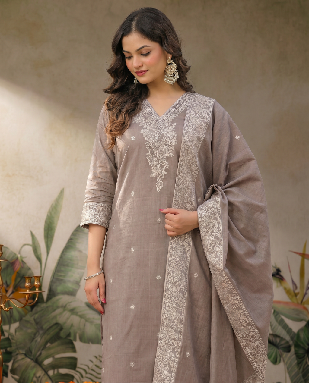 Grey Embroidered Salwar Suit Set with Off White Detail - closeup