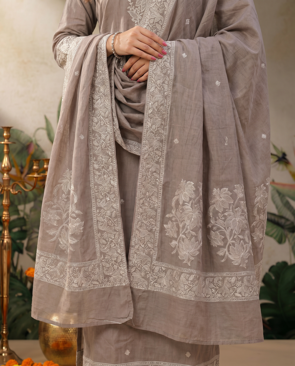 Grey Embroidered Salwar Suit Set with Off White Detail - dupatta