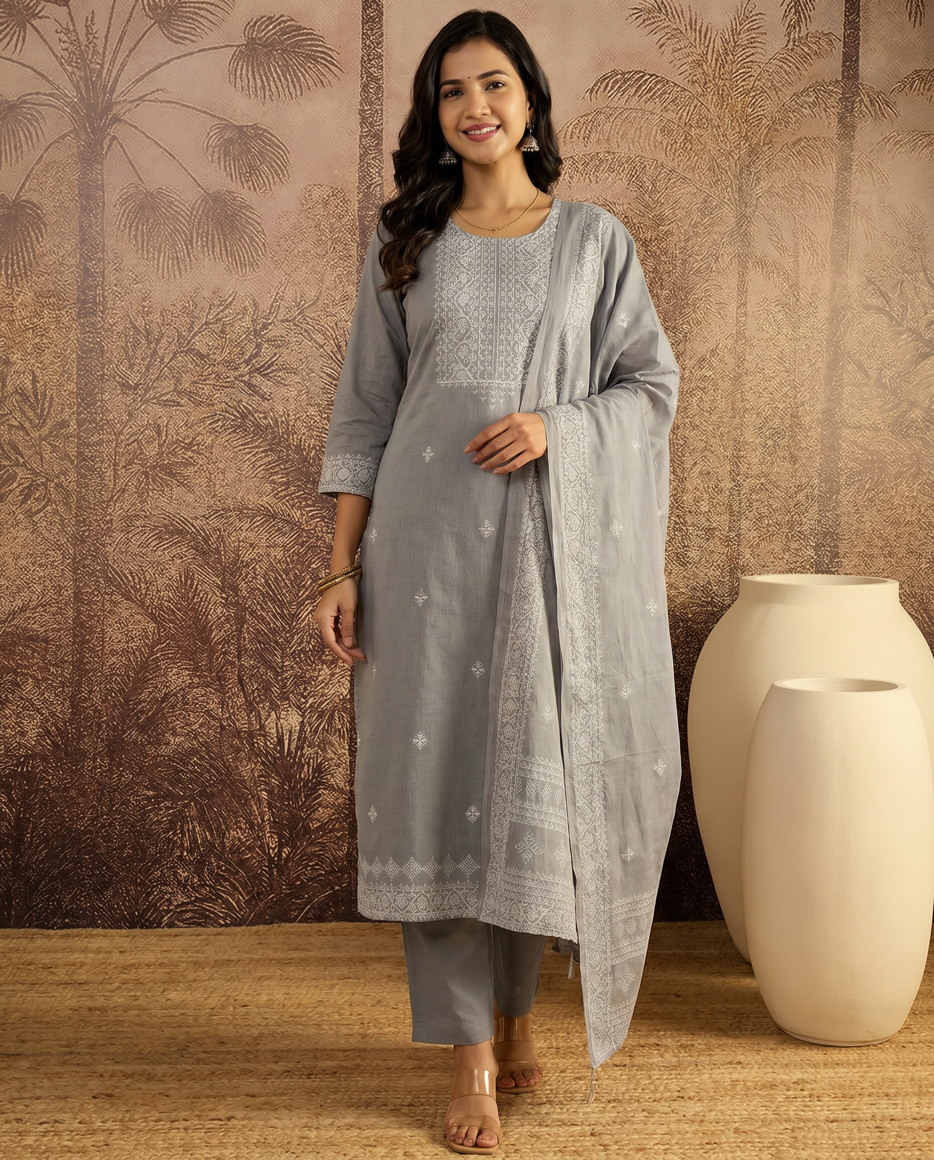 Grey Embroidered Salwar Suit Set with White Detail - front