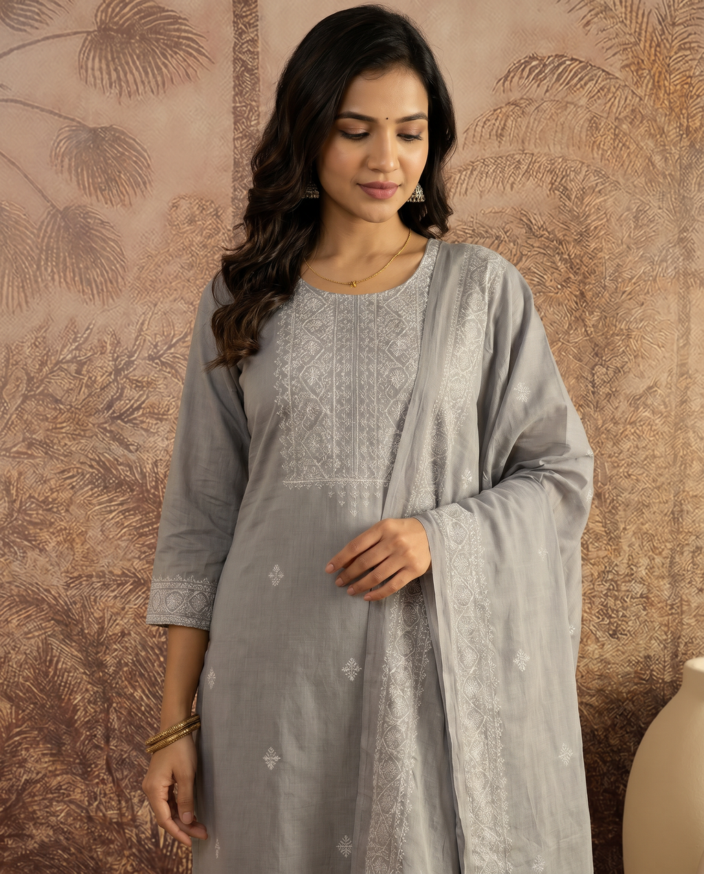 Grey Embroidered Salwar Suit Set with White Detail - closeup