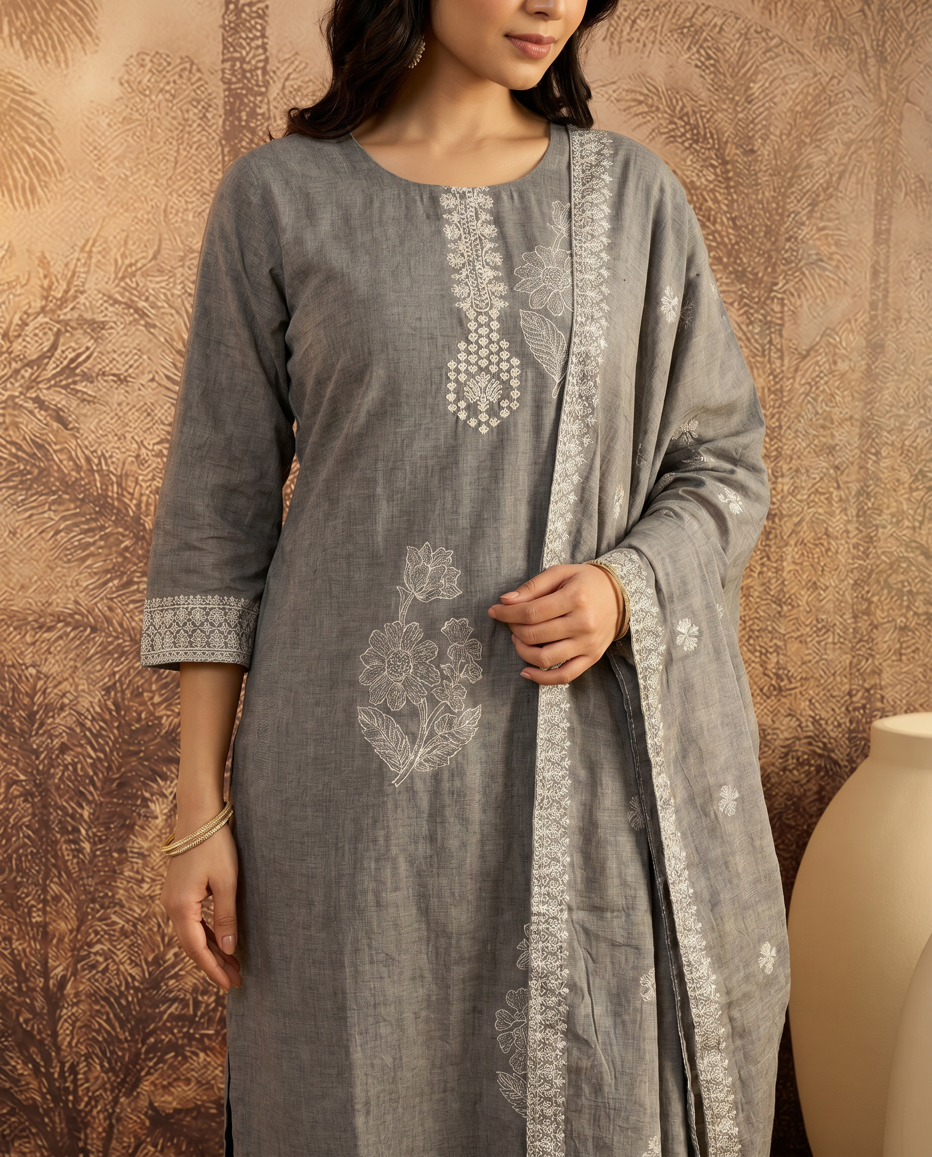 Grey Floral Embroidery Salwar Suit Set - closeup