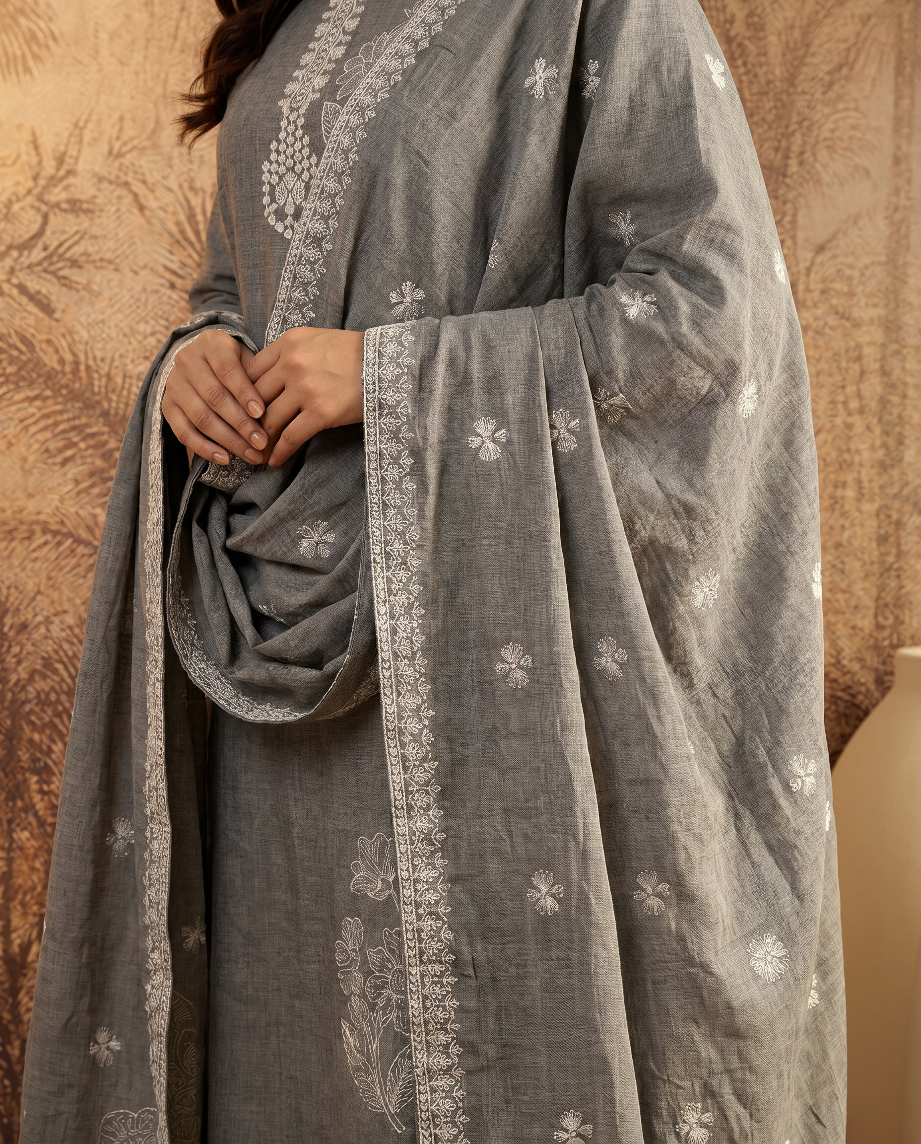 Grey Floral Embroidery Salwar Suit Set - dupatta