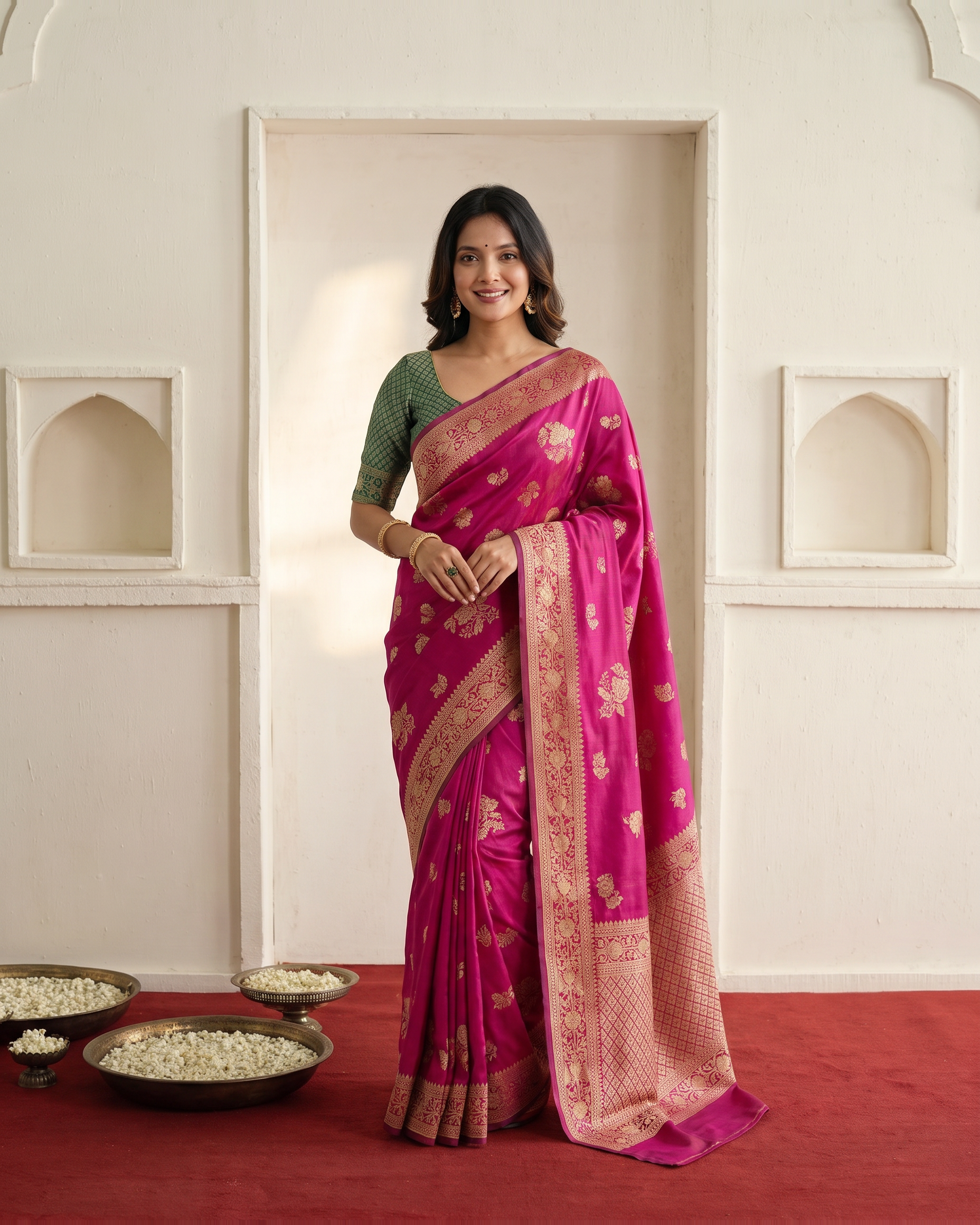 Gulab Floral Festive Saree with Elegant Border - Pink - full saree hero