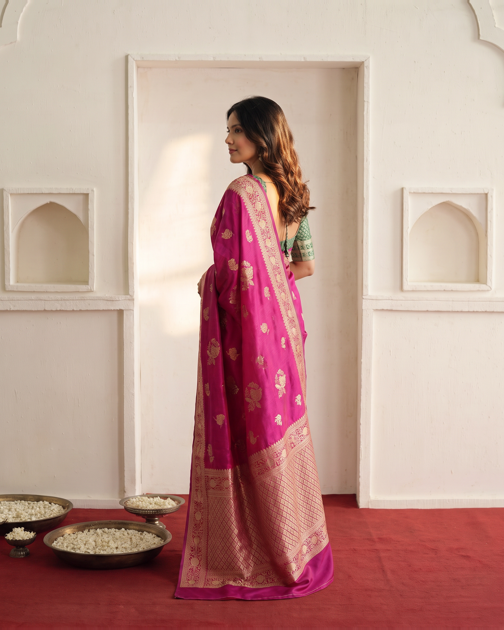 Gulab Floral Festive Saree with Elegant Border - Pink - side