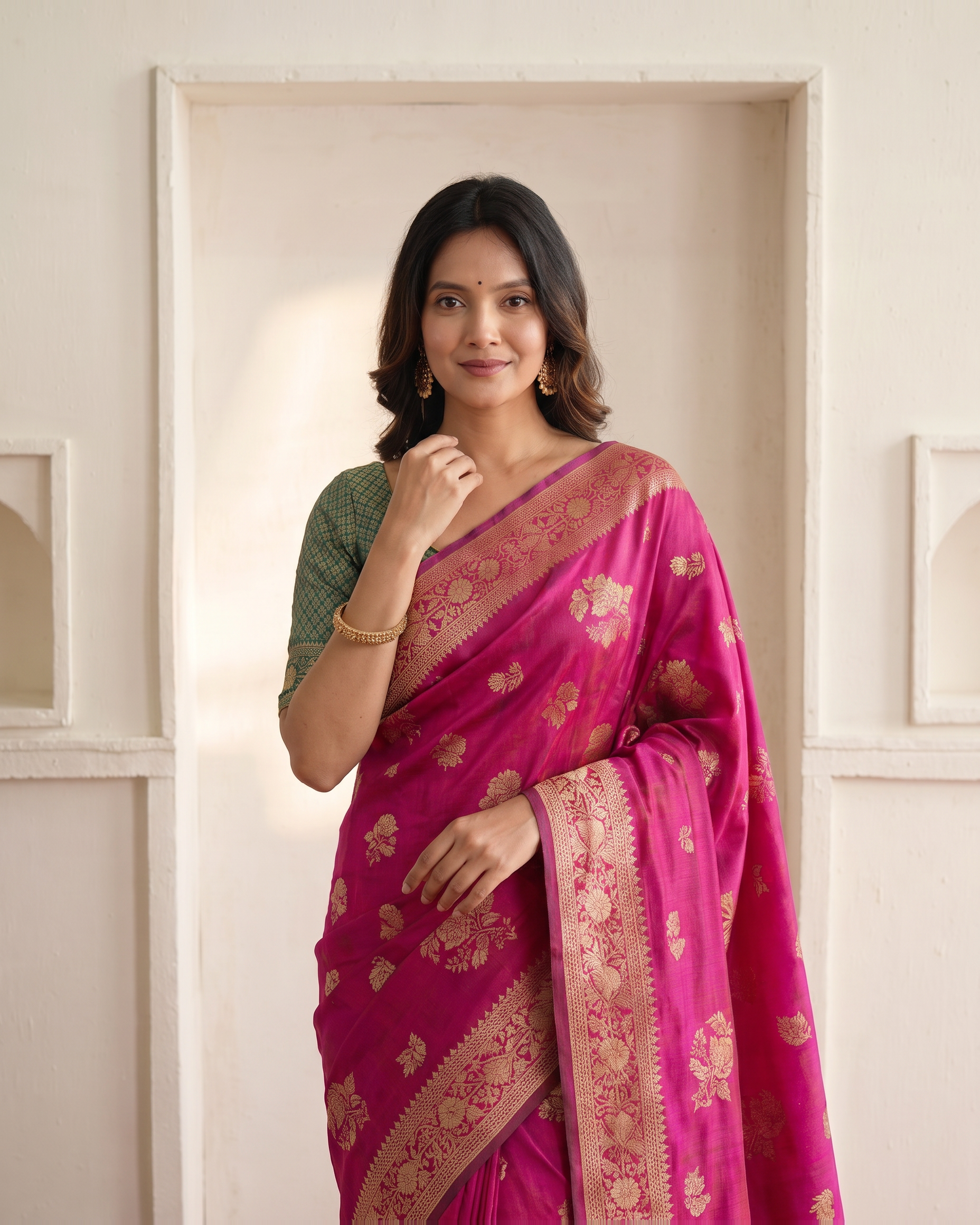 Gulab Floral Festive Saree with Elegant Border - Pink - upper closeup