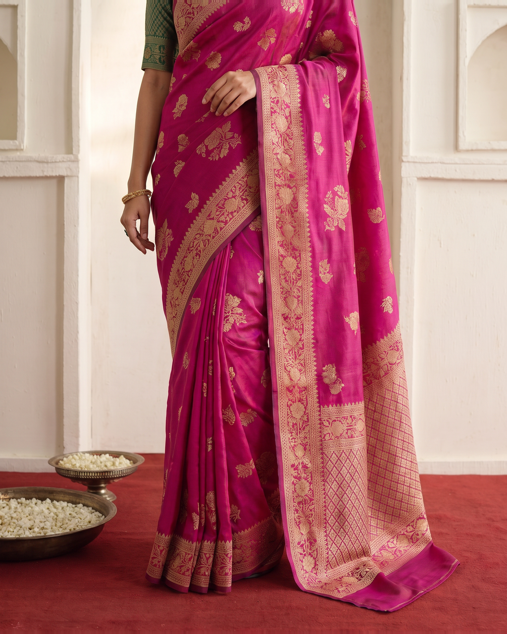Gulab Floral Festive Saree with Elegant Border - Pink - lower closeup