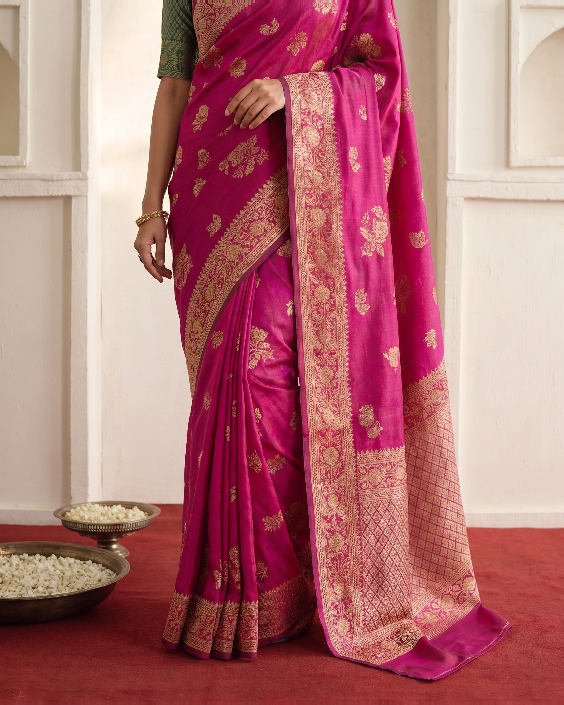 Gulab Floral Festive Saree with Elegant Border - Pink - lower closeup