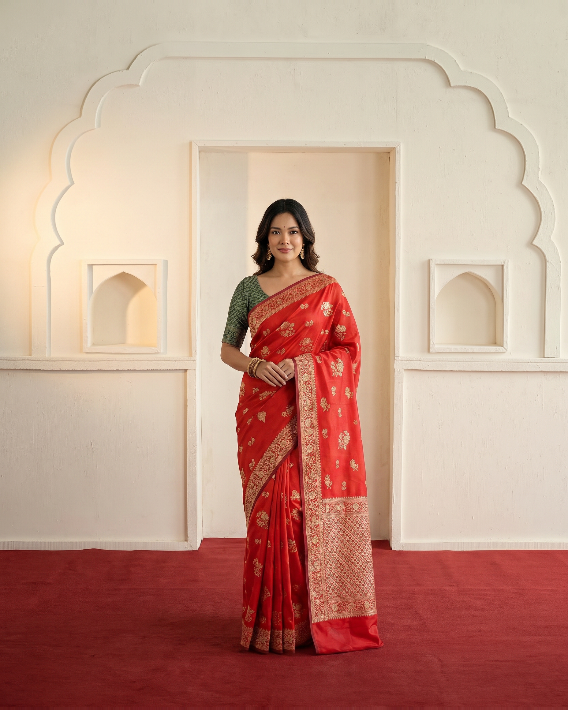 Gulab Floral Festive Saree with Elegant Border - Red - full saree hero
