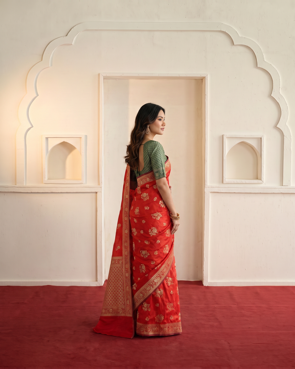 Gulab Floral Festive Saree with Elegant Border - Red - side