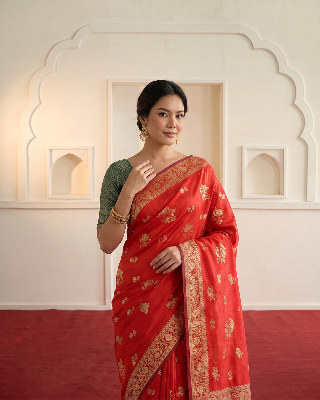 Gulab Floral Festive Saree with Elegant Border - Red - upper closeup