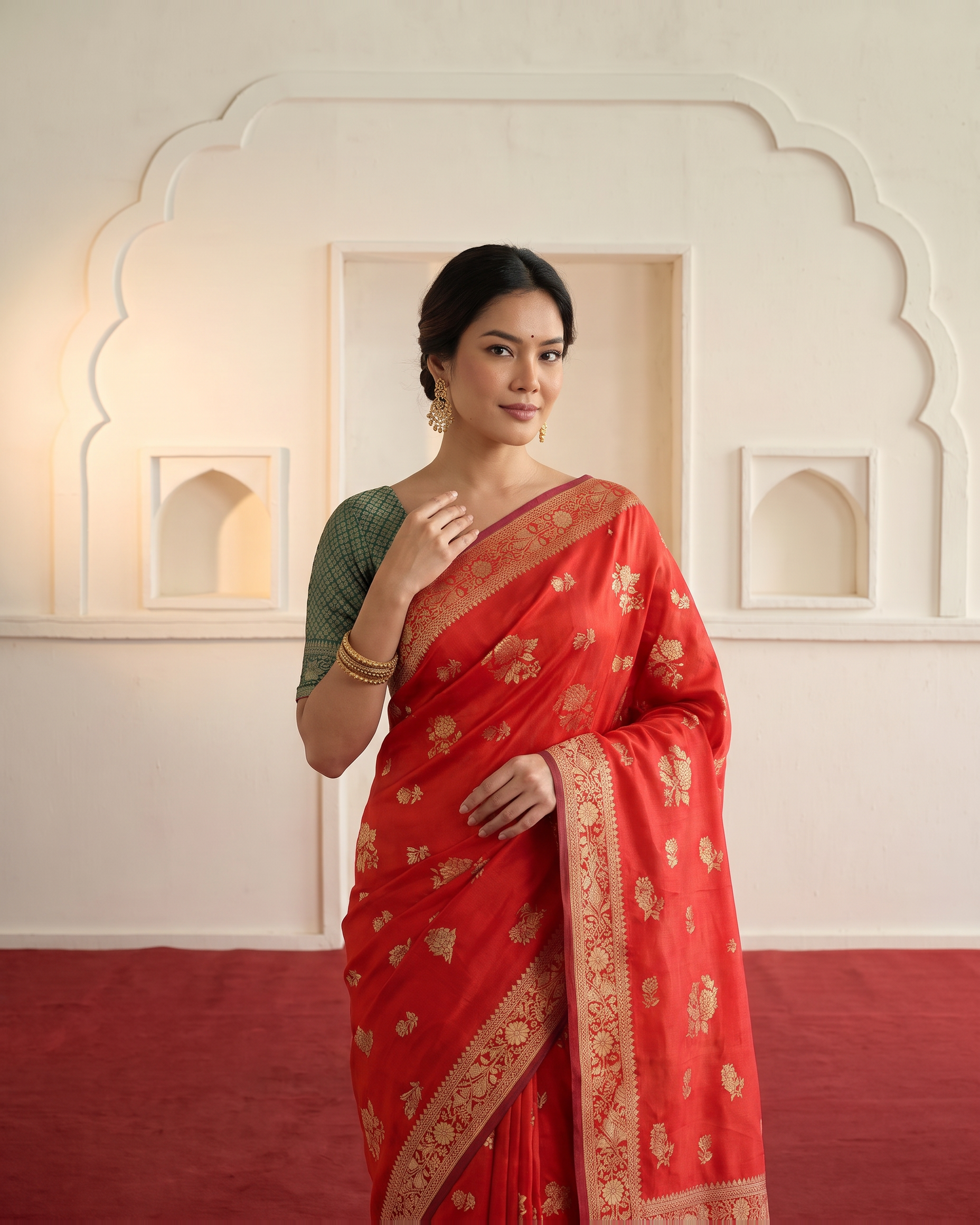 Gulab Floral Festive Saree with Elegant Border - Red - upper closeup