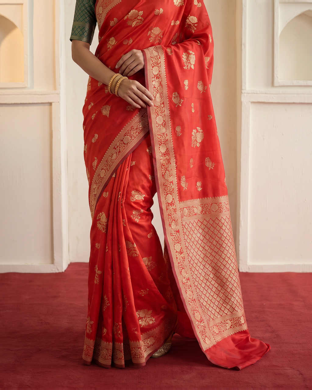 Gulab Floral Festive Saree with Elegant Border - Red - lower closeup