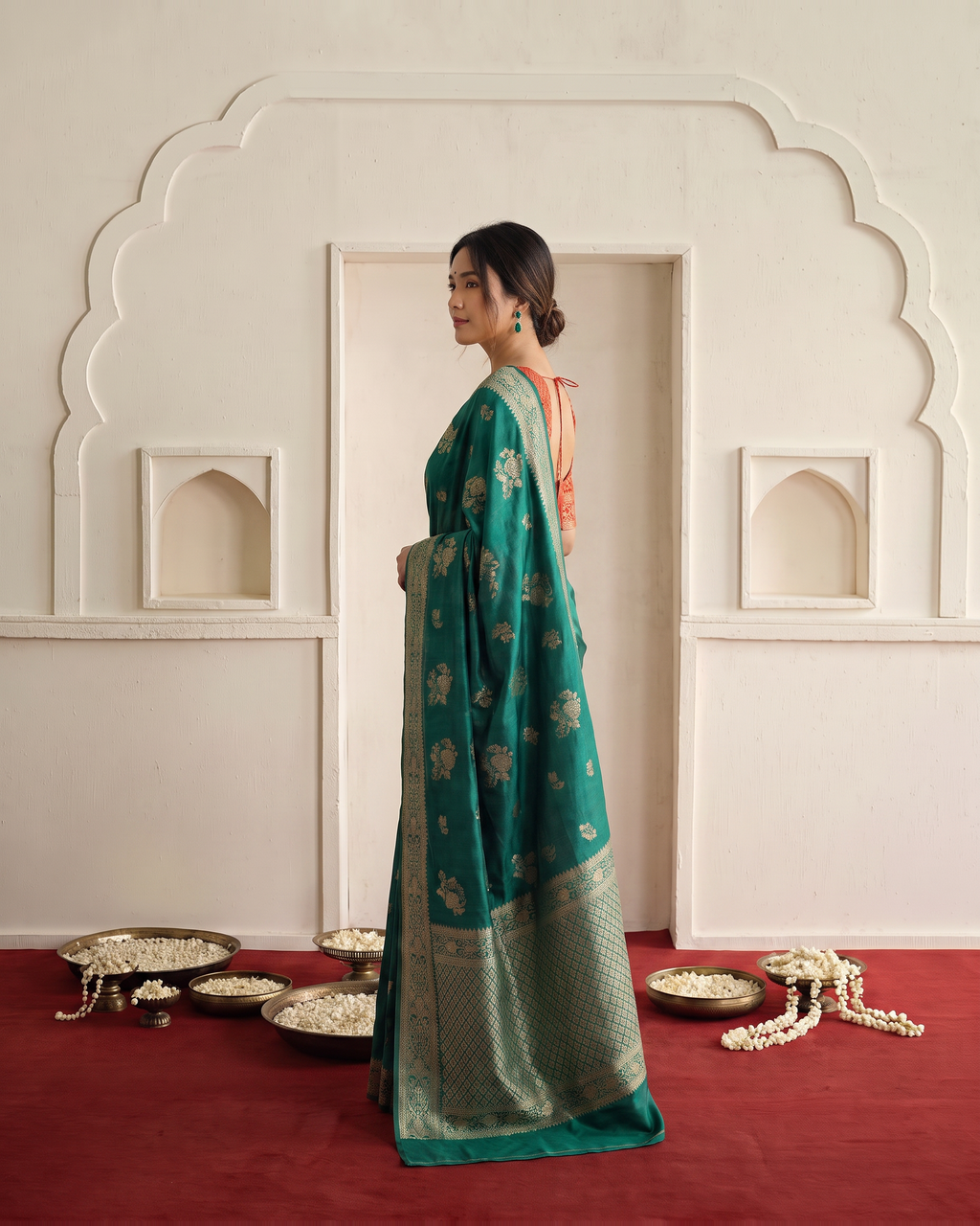 Gulab Floral Festive Saree with Elegant Border - Teal - side