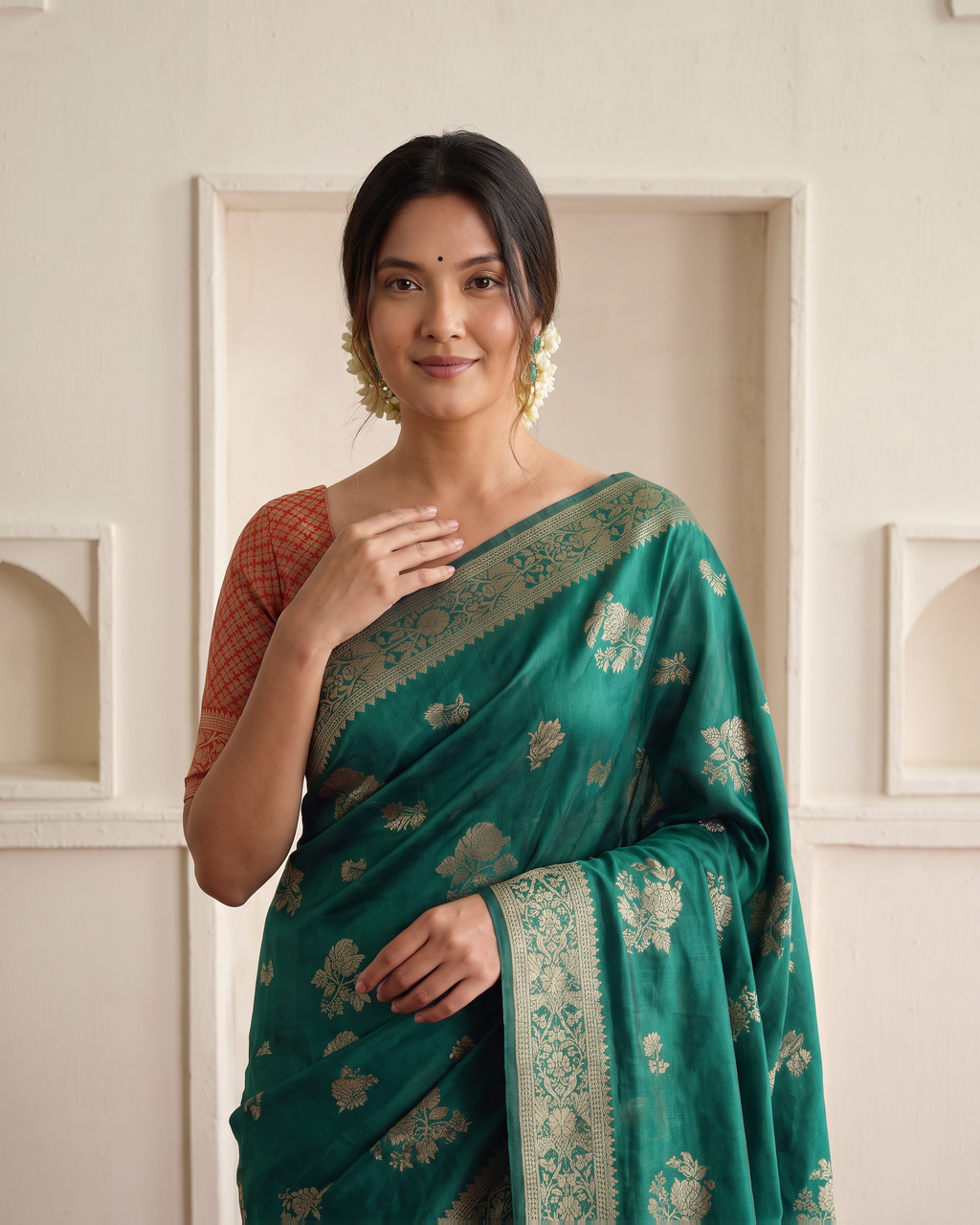 Gulab Floral Festive Saree with Elegant Border - Teal - upper closeup