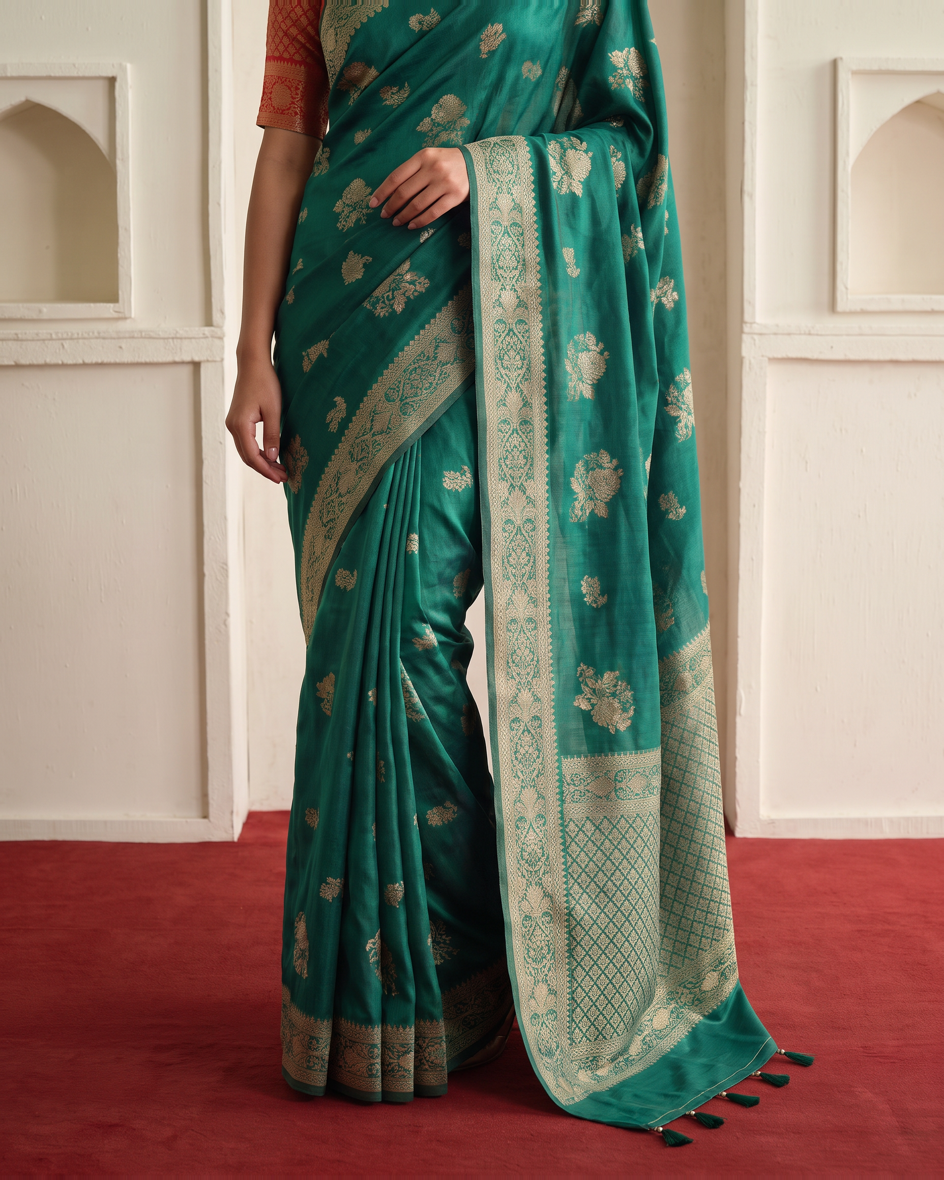 Gulab Floral Festive Saree with Elegant Border - Teal - lower closeup