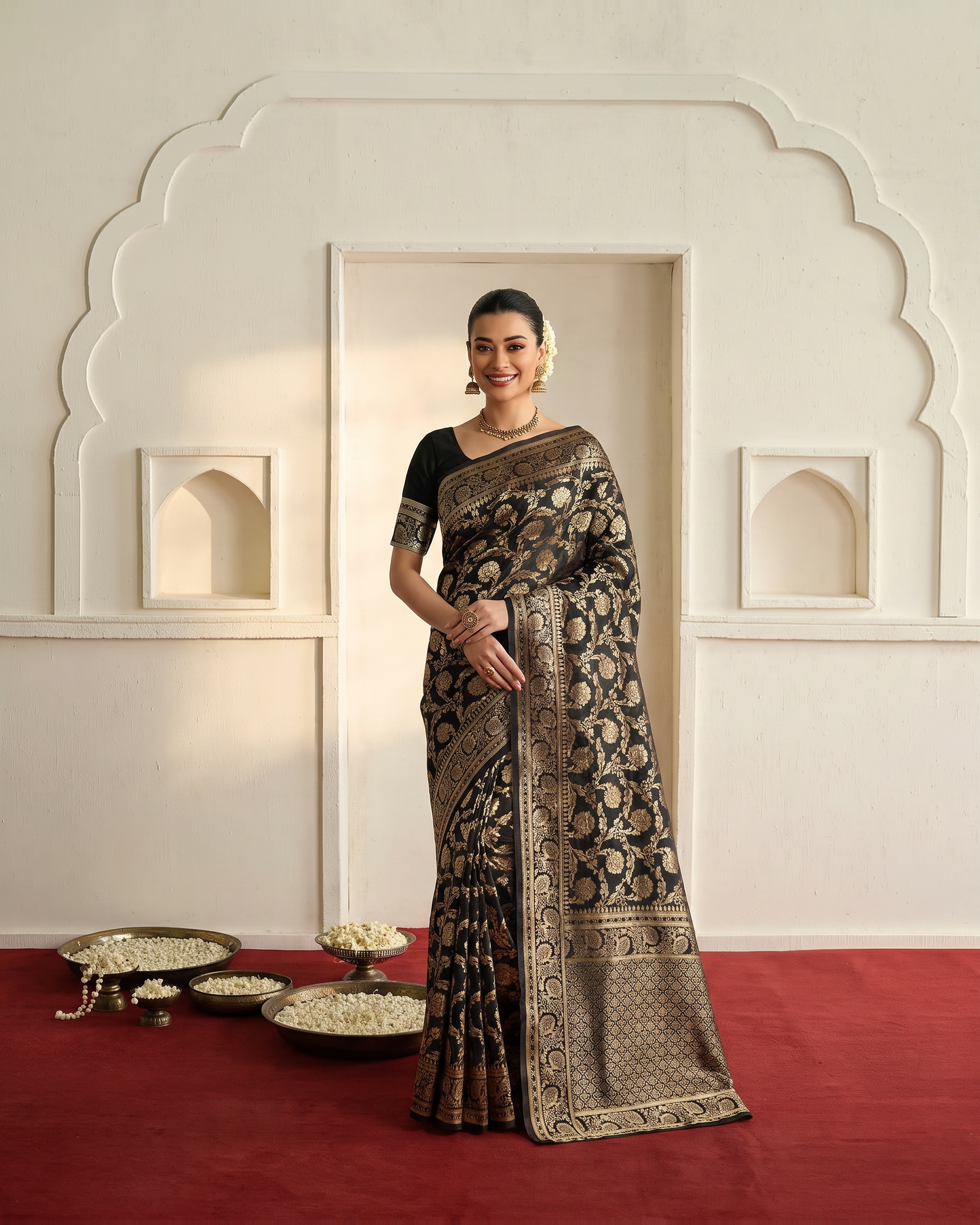 Gulnaar Grand Floral Vine Silk Saree - Black - full saree hero