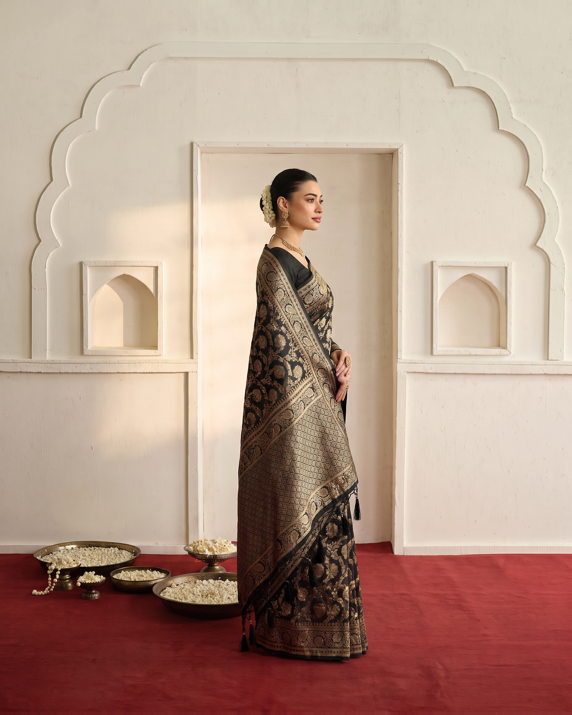 Gulnaar Grand Floral Vine Silk Saree - Black - side drape